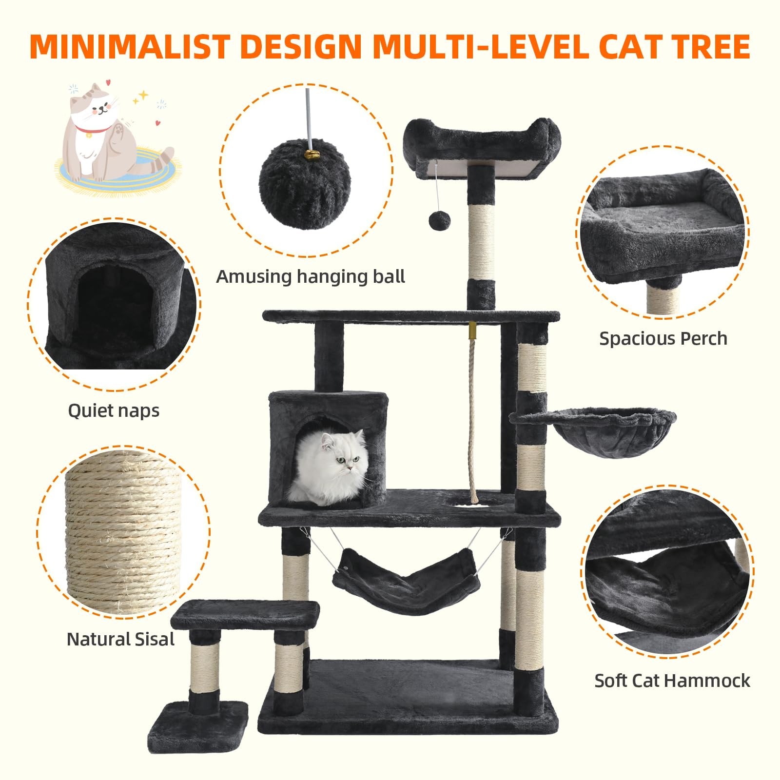 ABCPET 62 Inches Cat Tree,Multi-Level Cat Tree Tower with Cat Condo,Soft Hammock,Sisal Scratching Posts,Dangling Ball and Extended Platform Play House for Indoor Cats,Dark Grey