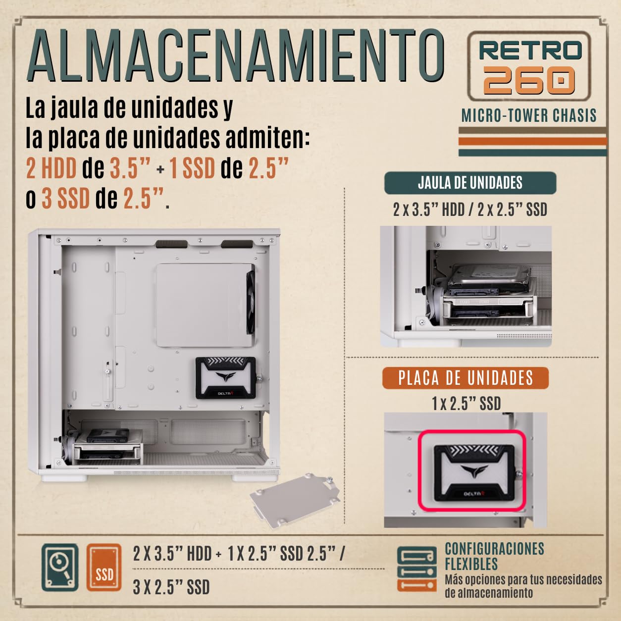 Thermaltake Retro 260 | Caja Micro ATX Diseño Retro | 2 Ventiladores de 120 mm Preinstalados | Cristal Templado Lateral | Compatible Tarjetas Gráficas de hasta 370 mm y AIO de hasta 280 mm | Beige