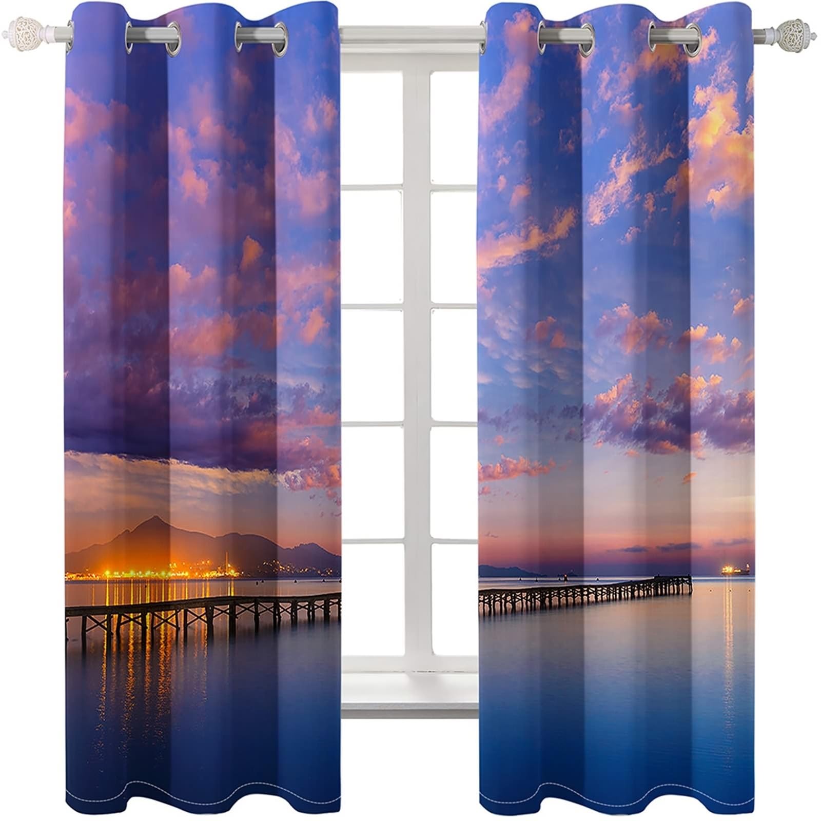 Wycian Küchengardinen Modern Vorhänge Blau Lila 2 Er Polyester Sonnenuntergang Himmel und Meer H214 X B244Cm für Schlafzimmer