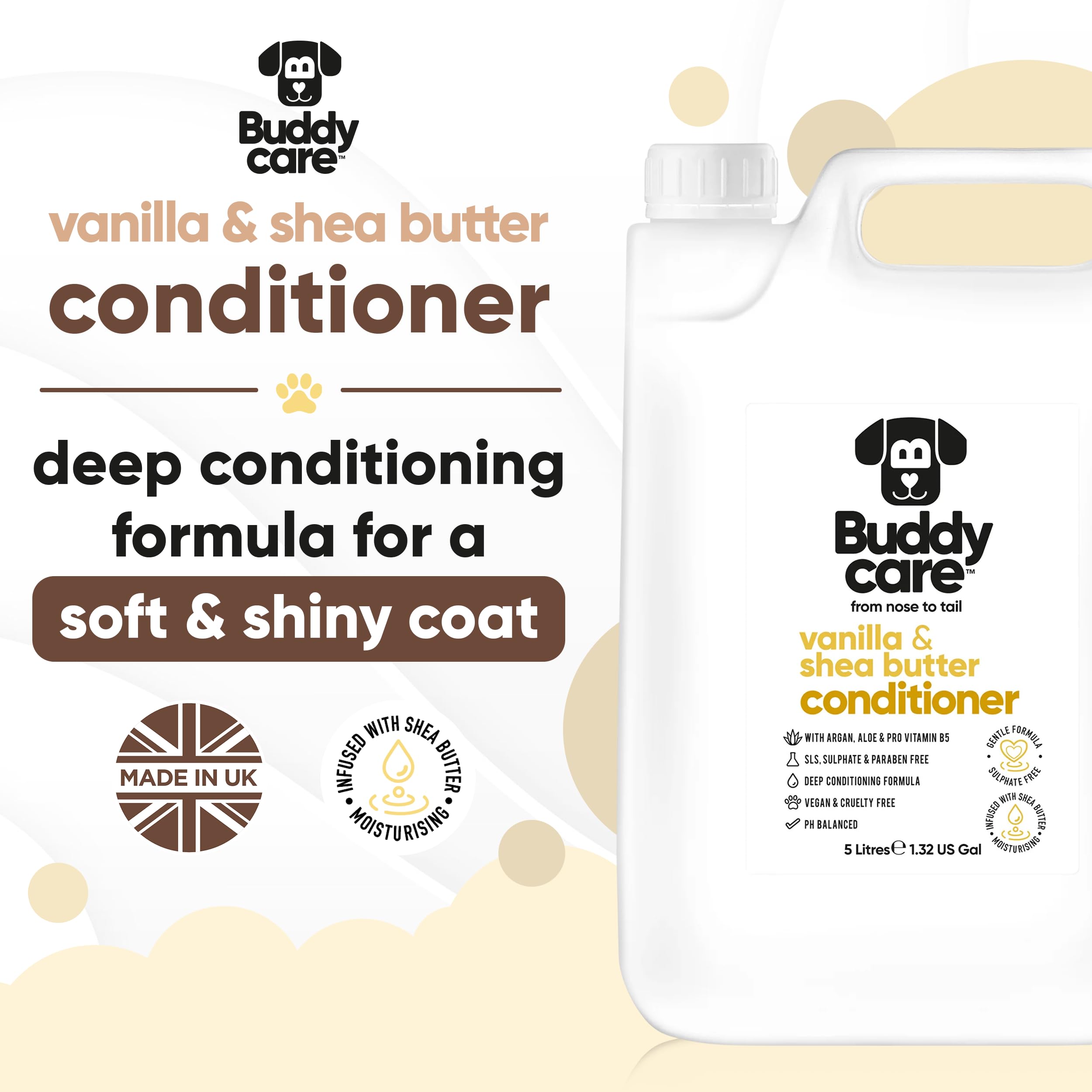 Vanille- und Sheabutter-Hundespülung von Buddycare - 5L - Vanille- und Sheabutter-duftende Welpenspülung mit Aloe Vera & Pro Vitamin B5
