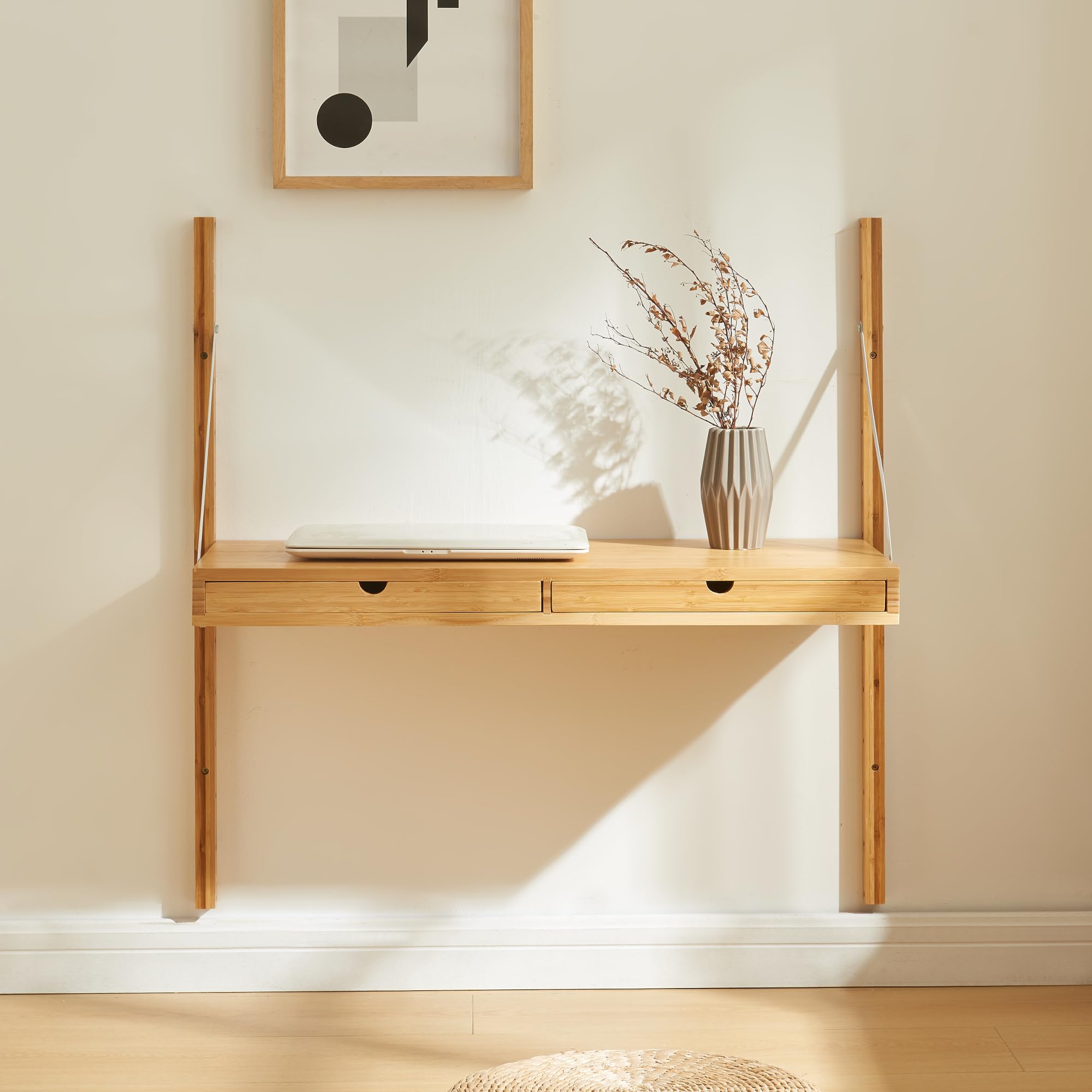 [en.casa] Estantería de Pared Tingvoll con 2 Cajones Regulables en Altura Estantería Mural para Salón Oficina Entrada Baño Bambú 85 x 85 x 36 cm - Natural