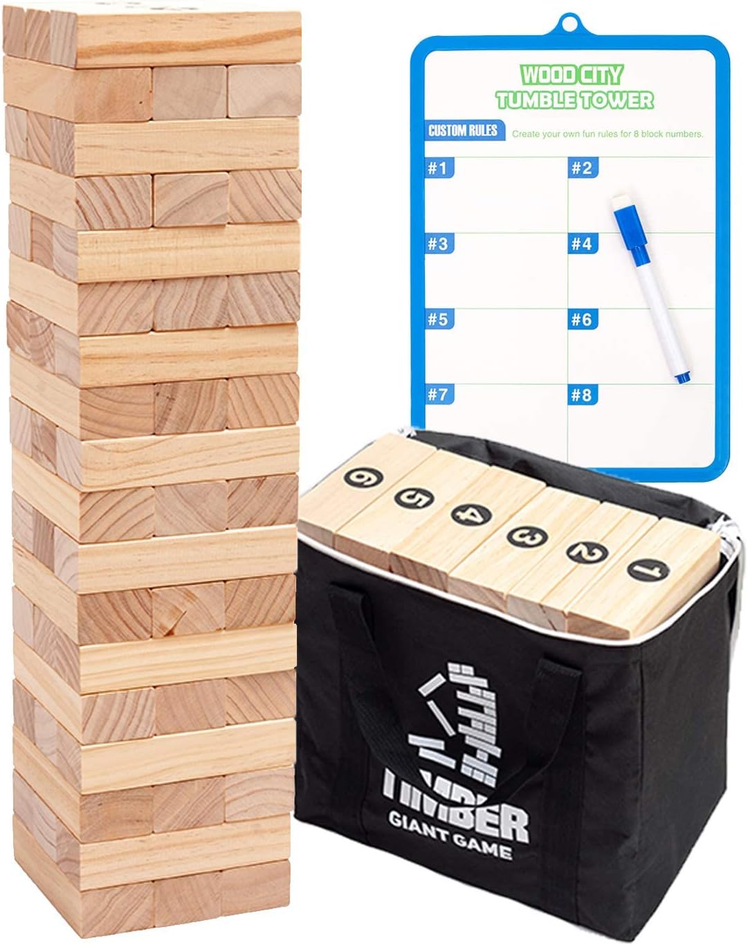 Giant Tumbling Timber Tower Game (Stacking from 2 to 4 Feet), WOOD CITY Classic Jumbo Outdoor Game for Adults Kids Family, 54 Pieces Premium Pine Wood Blocks Toy