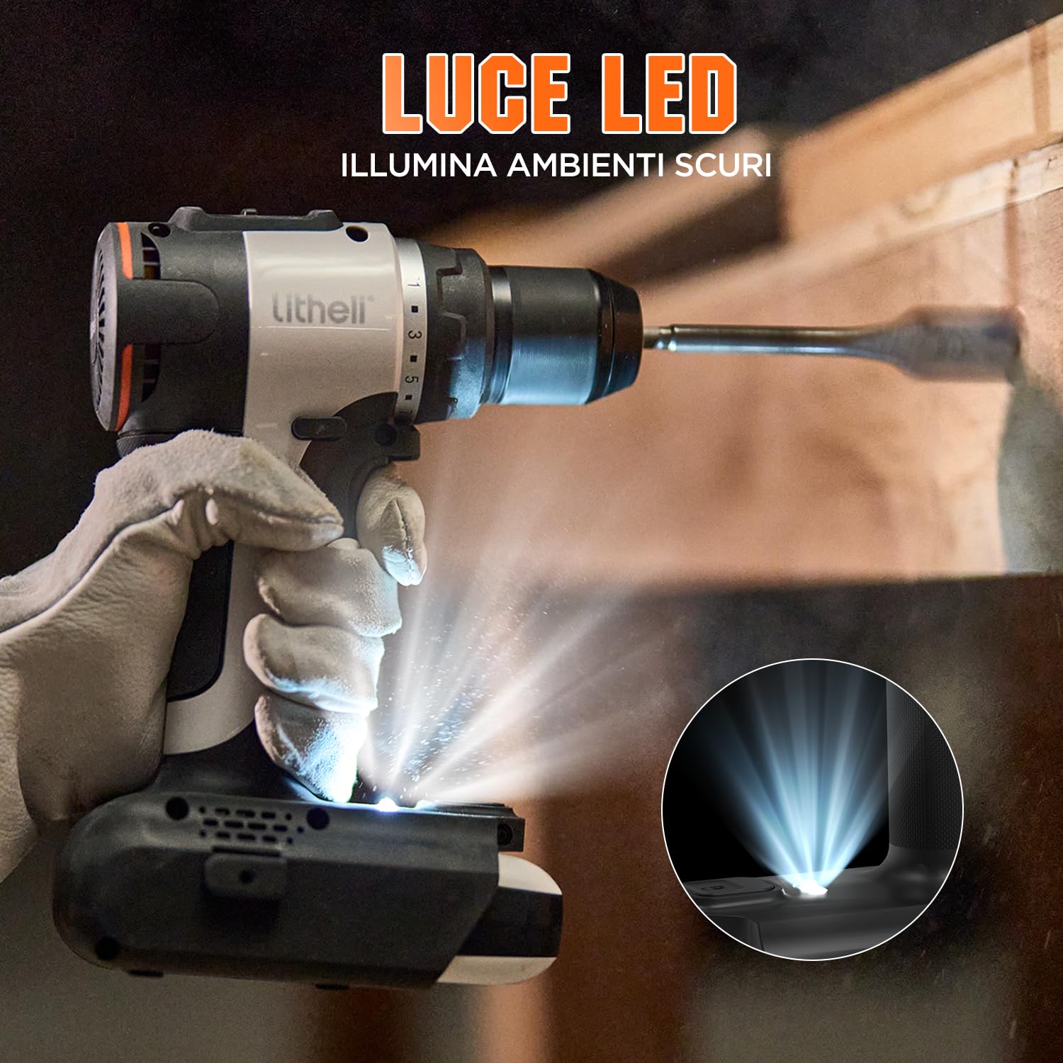 Litheli Trapano Avvitatore a Batteria 20V, 10000mAh Li-ion, Trapano Avvitatore 60 Nm, 17+1 Coppie Avvitatore Elettrico, 2 Livelli di Velocità e Luce a LED
