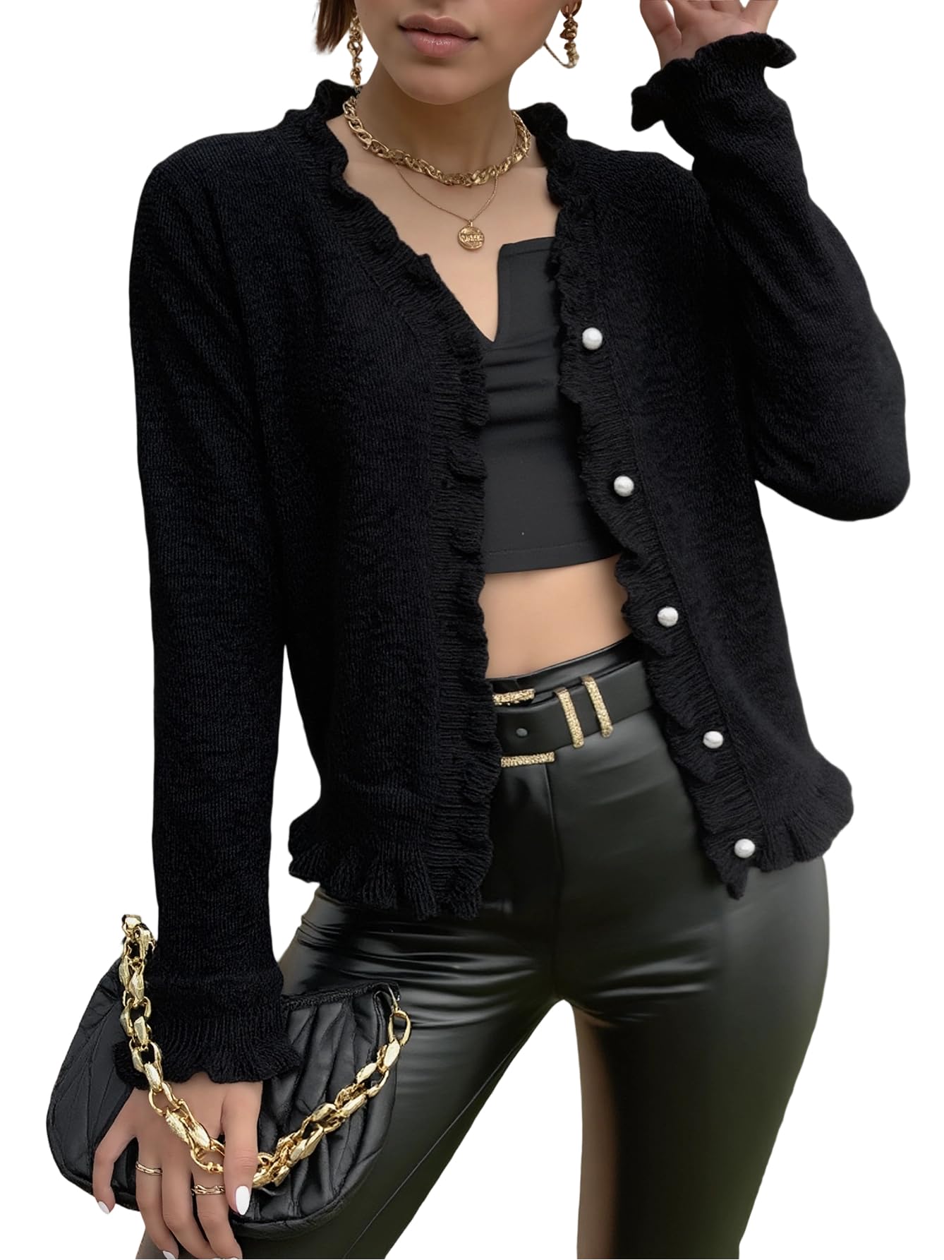 Womens Ruffle Cropped Cardigan Sweater V Neck Long Sleeve Tops Button Up Knitted Cardigan Ruffle Hem Sweater
