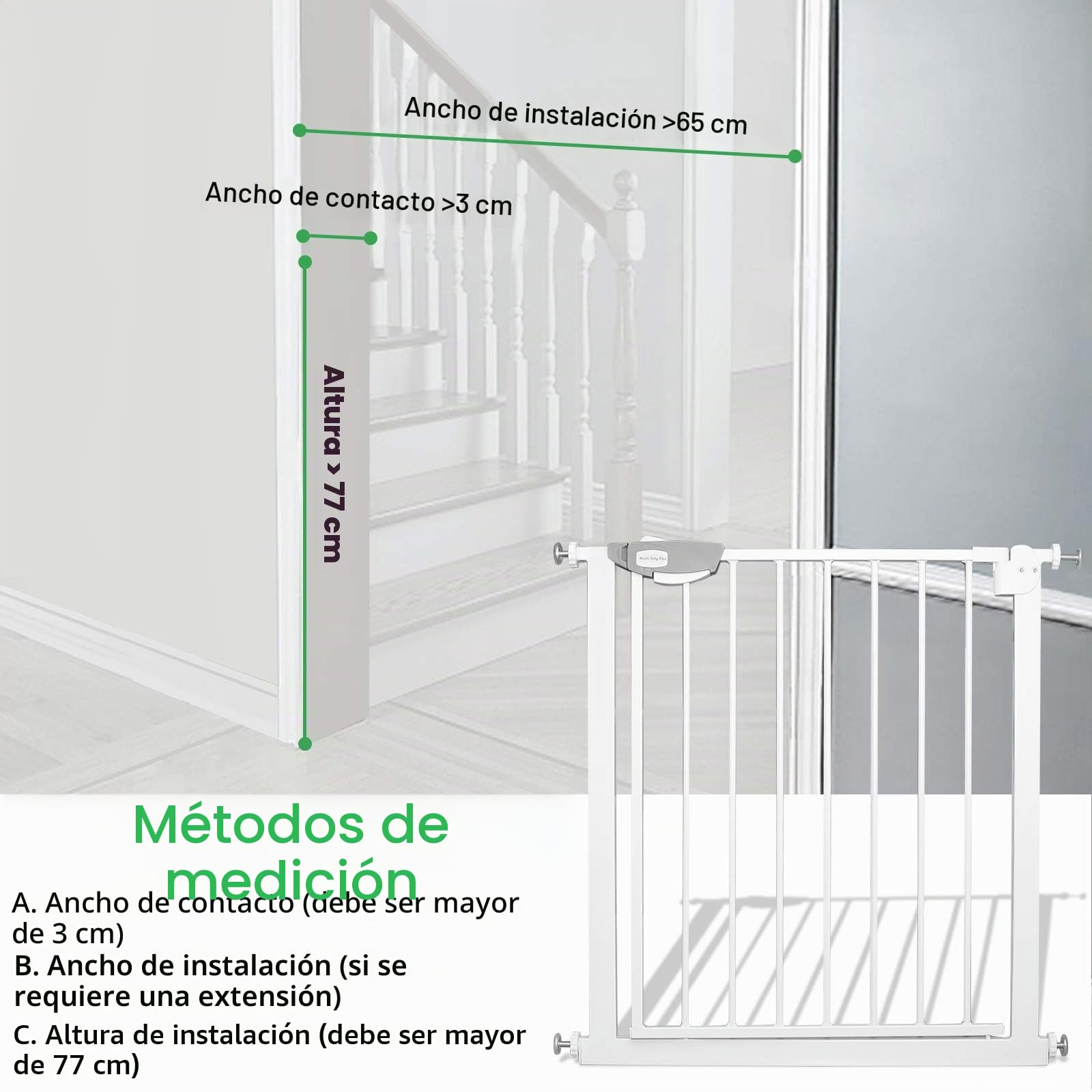 UISEBRT Rejilla protectora para escaleras, sin agujeros, para bebés de 105 a 115 cm de ancho, cierre automático, apertura con una mano, rejilla de metal, color blanco