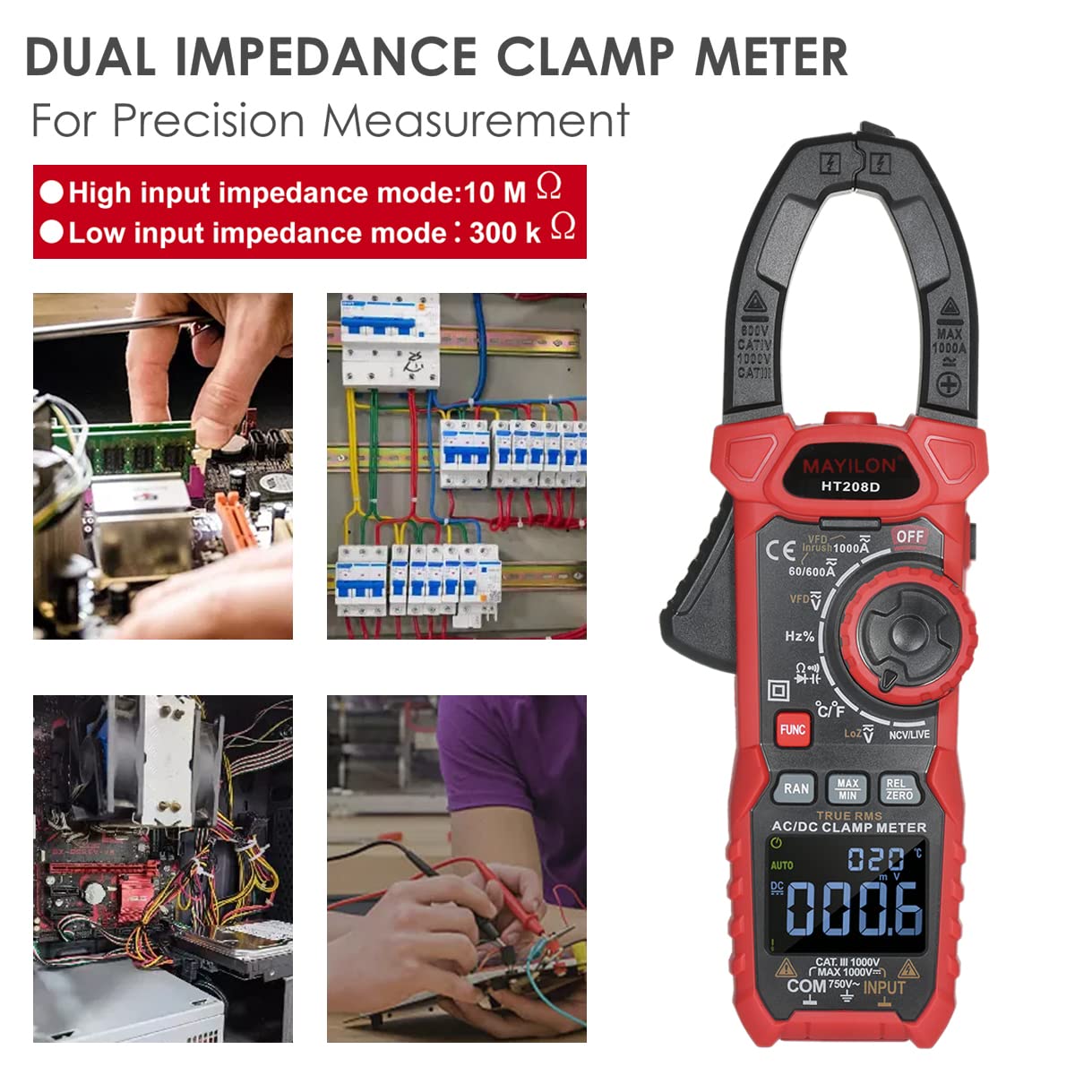 HT208D Einschaltstrom Stromzange, True-RMS Multimeter mit VFD, NCV und RAN Funktion, Misst AC/DC Spannung und Strom, Temperatur, Kapazität, Widerstand, Dioden, Kontinuität, Relativer Wert, LowZ