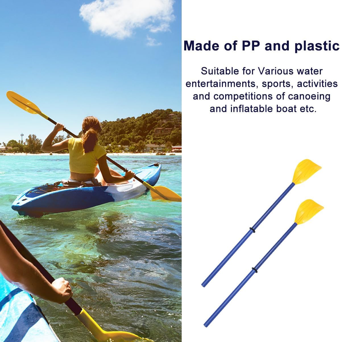 Detachable Kayak Paddle 2pcs, Pp Plastic Boat Oars with Yellow Blades and Blue Shaft, Portable Water Sports Paddles for Canoeing and Rafting