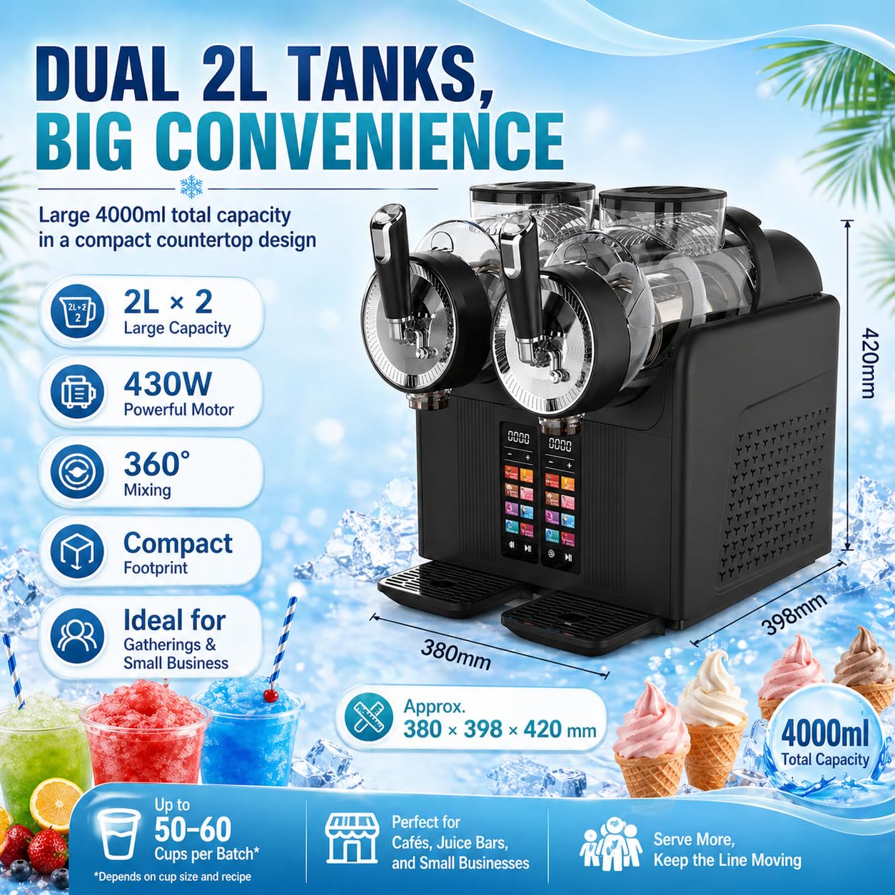 Máquina para Granizados Profesional – Doble Depósito 2×2L, 7 Programas, Autolimpieza y Enfriamiento Rápido – Helado Soft y Batidos – para Cafetería, Food Truck, Bar en Casa BlackA