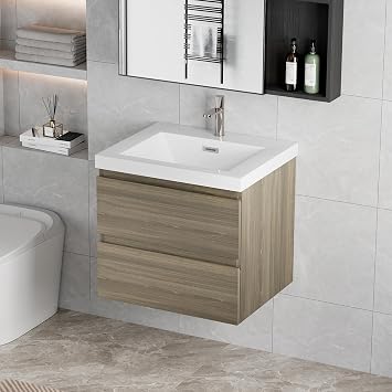 Floating Vanity Bathroom, 24 Inch Bathroom Vanity with Sink, Wall Mounted Single Sink Bathroom Vanity, Soft Closed 2 Drawers, Integrated Sink Ash Grey
