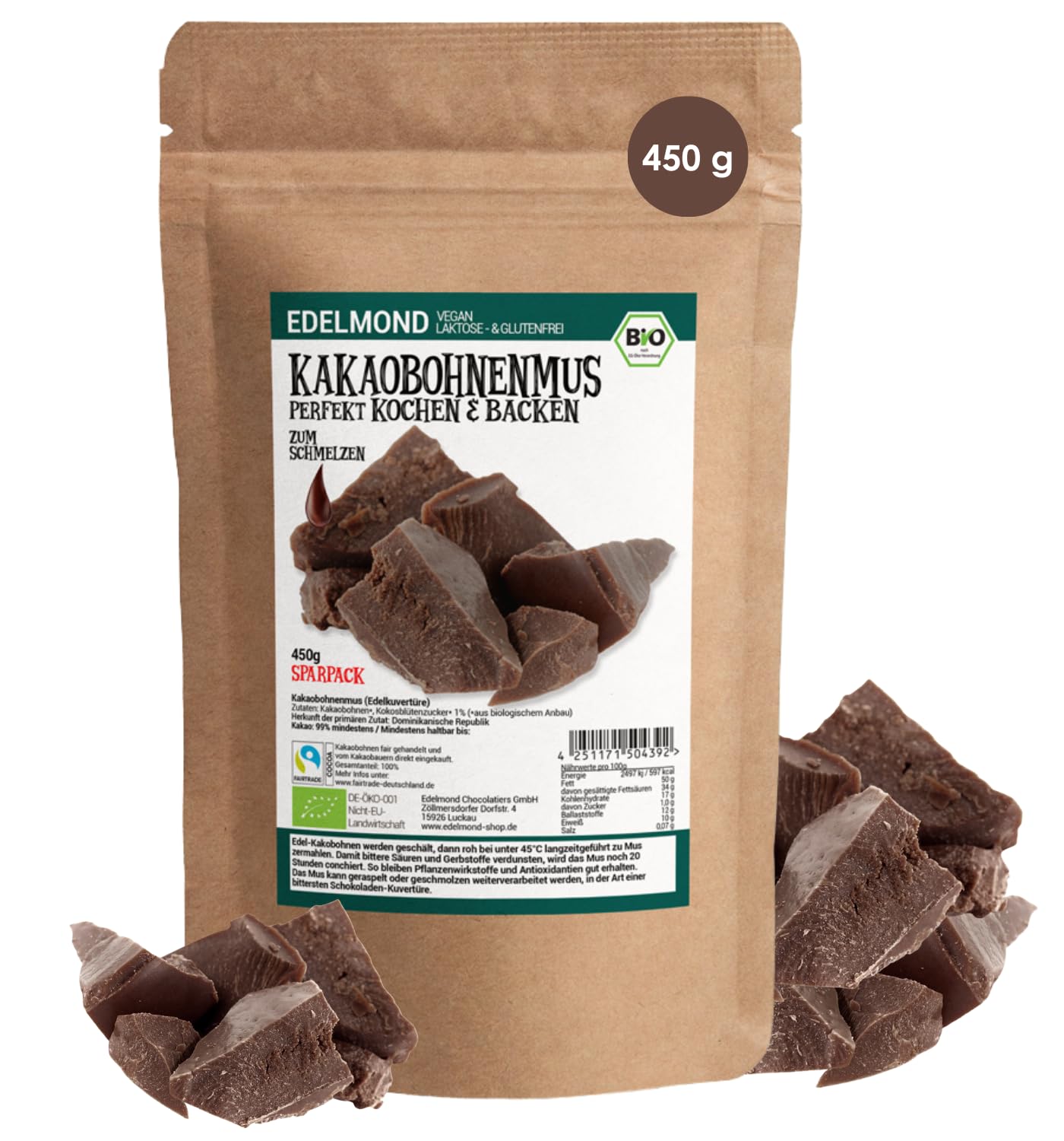 Edelmond Bio Kakaobohnen Mus cremig zum Backen mit Schokolade. Vegane Kuvertüre fast ohne Zucker, hochwertiger als Kakaomasse (450g)