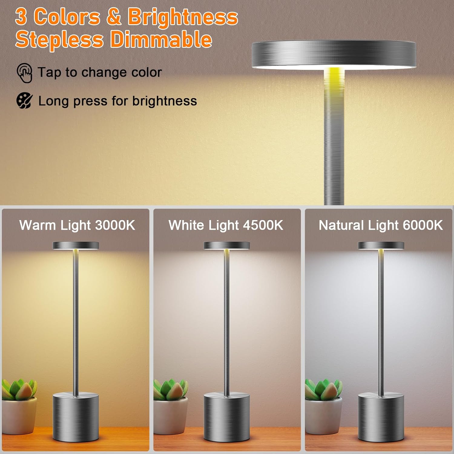 SAKRINGT Cordless Table Lamps Rechargeable,6000mAh Portable Battery Operated LED Table Light for Restaurant Outdoor Grey