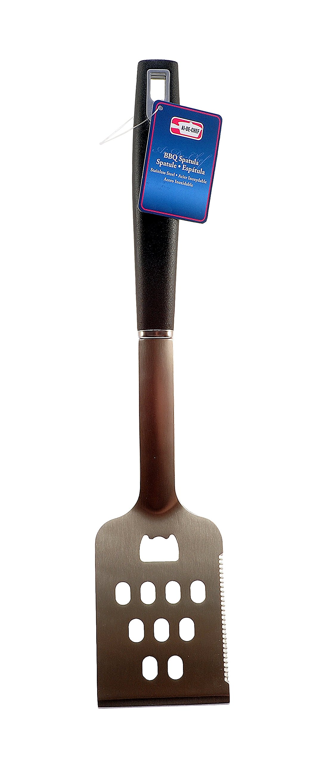 Ai-De-Chef 17" Barbecue Turning Spatula, Bottle Opener, Serrated Edge. Full Length: 17" Long; Head: 3.5" x 5, Neck: 1" x 12" (1-Pack, 17" Spatula)