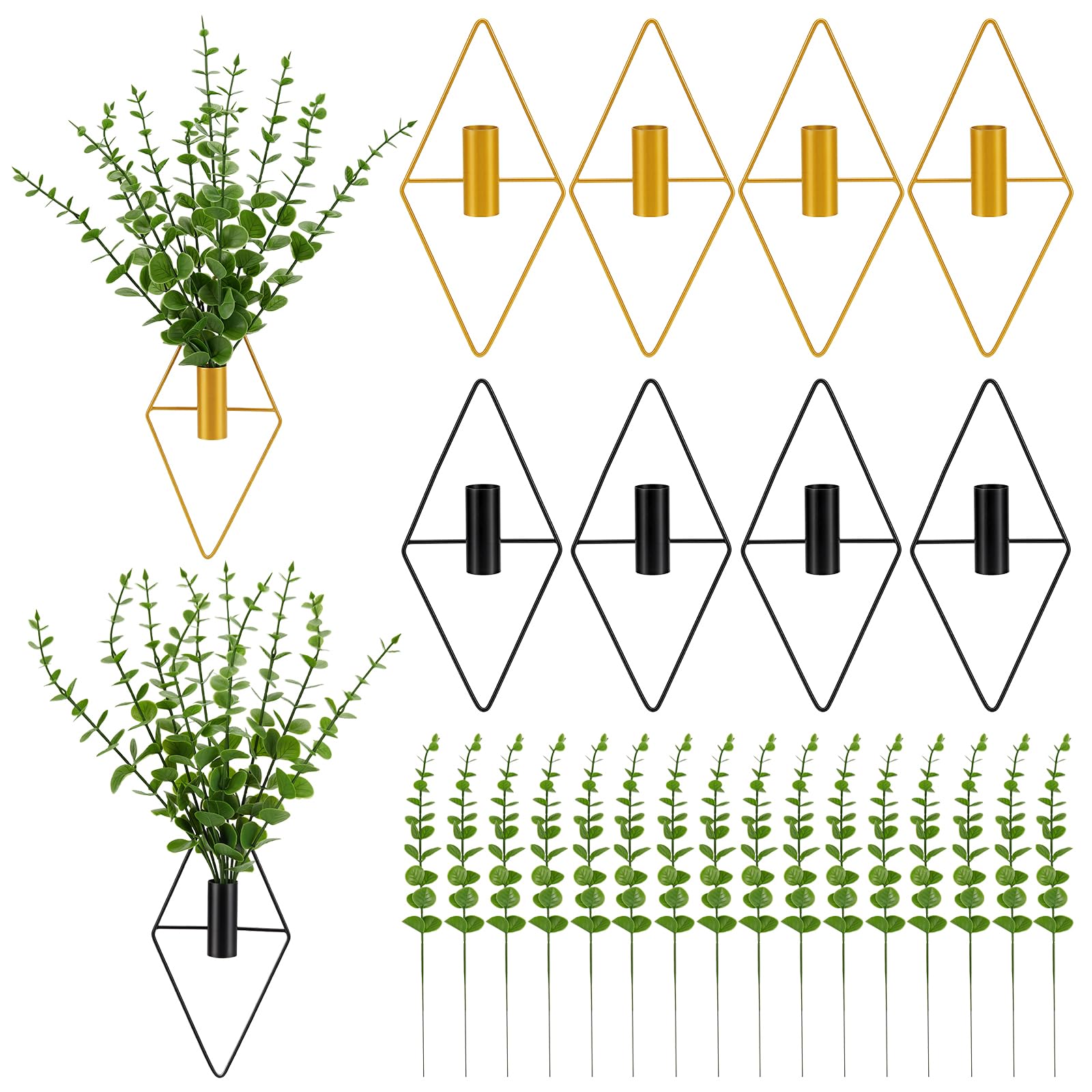 8 Vases Suspendus en Métal avec Eucalyptus : Décoration Murale en 2 Couleurs