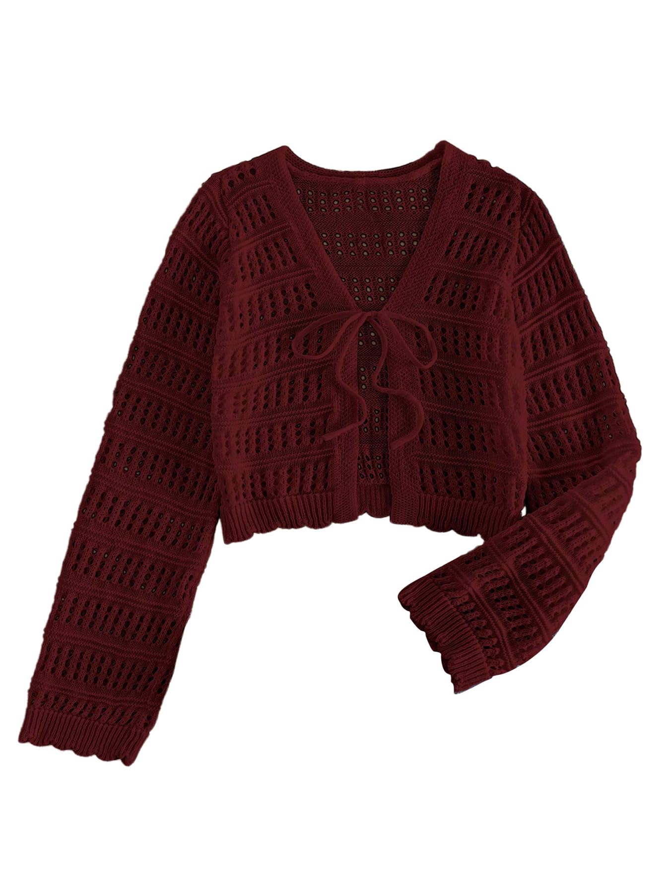 SHENHE Womens Tie Front Hollow Out Cover Up Summer Boho Knit Cardigan Crop Tops