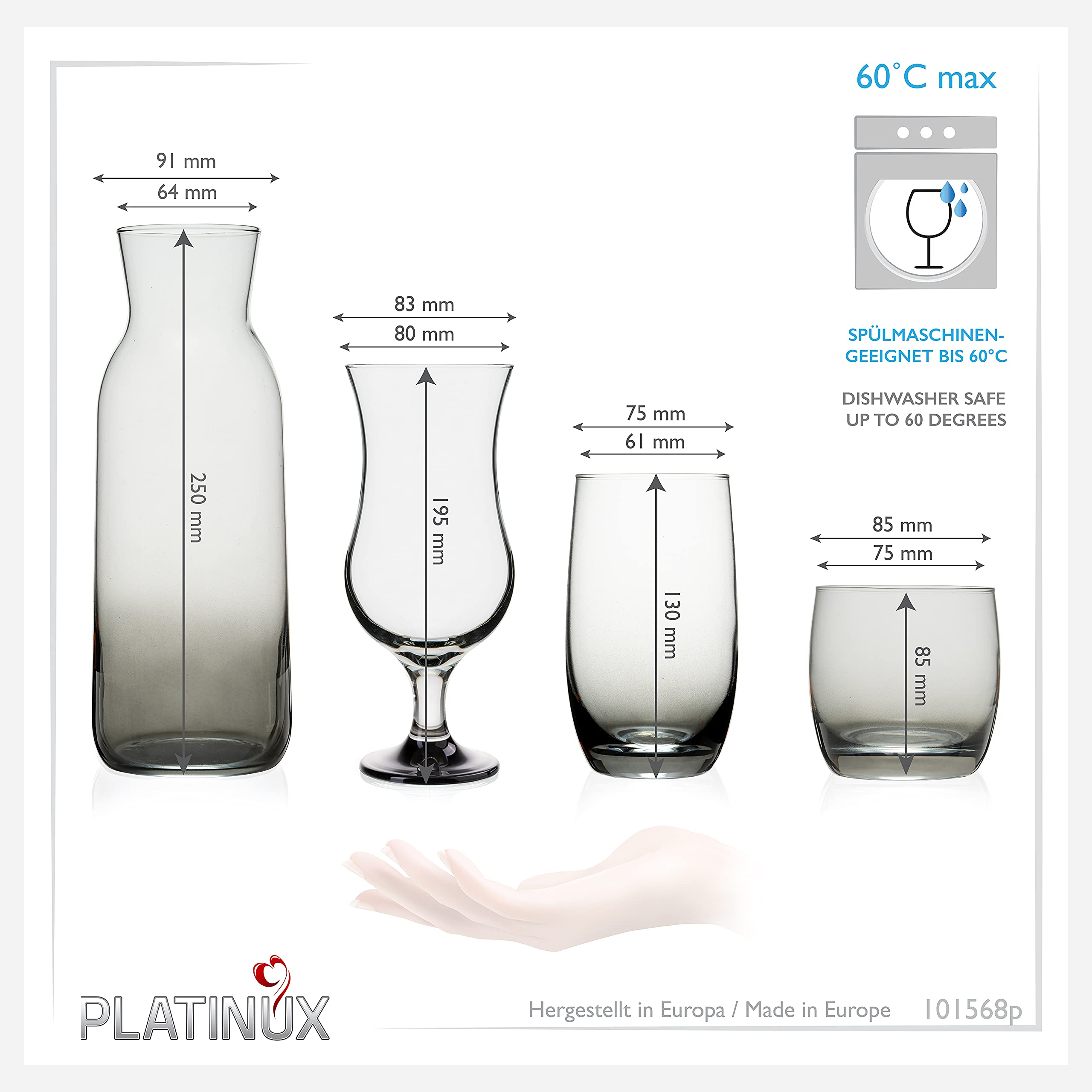 PLATINUX Juego de vasos y jarra con efecto ombré negro, 19 piezas de cristal, jarra de agua, vasos de cóctel