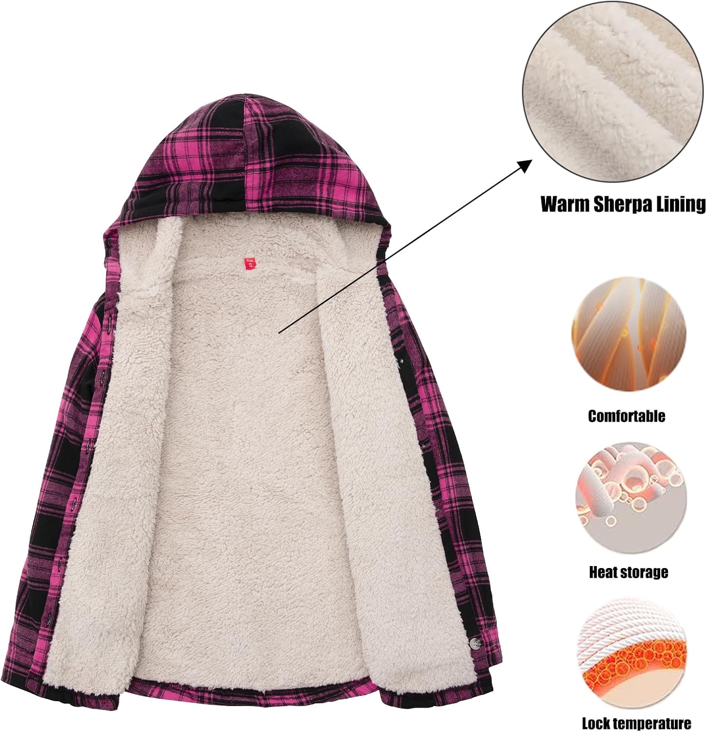 ThCreasa Girls Sherpa Lined Plaid Button Hooded Jacket