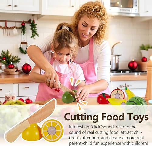 Miniatura 2 de HERSITY Comida de madera para niños, juguetes de cocina para cortar frutas, juegos de simulación para niños pequeños, regalo para niños y niñas