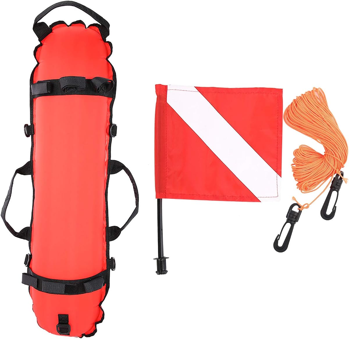 Inflation Torpedo Buoy, Scuba Diving Inflation Torpedo Buoy Signal Float Ball & Flag with 82ft Rope, Spearfishing Float Inflatable Surface Marker Buoy (SMB) for Spearfishing, Freediving, Snorkeling