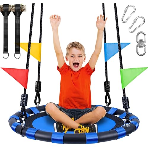 Odoland 24 inch Kids Tree Swing, Outdoor Small Saucer Swing - 900D Waterproof Oxford Swing, Backyard Round Flying Swing with Adjustable Hanging Ropes Hanging Straps and Turnbuckle Blue