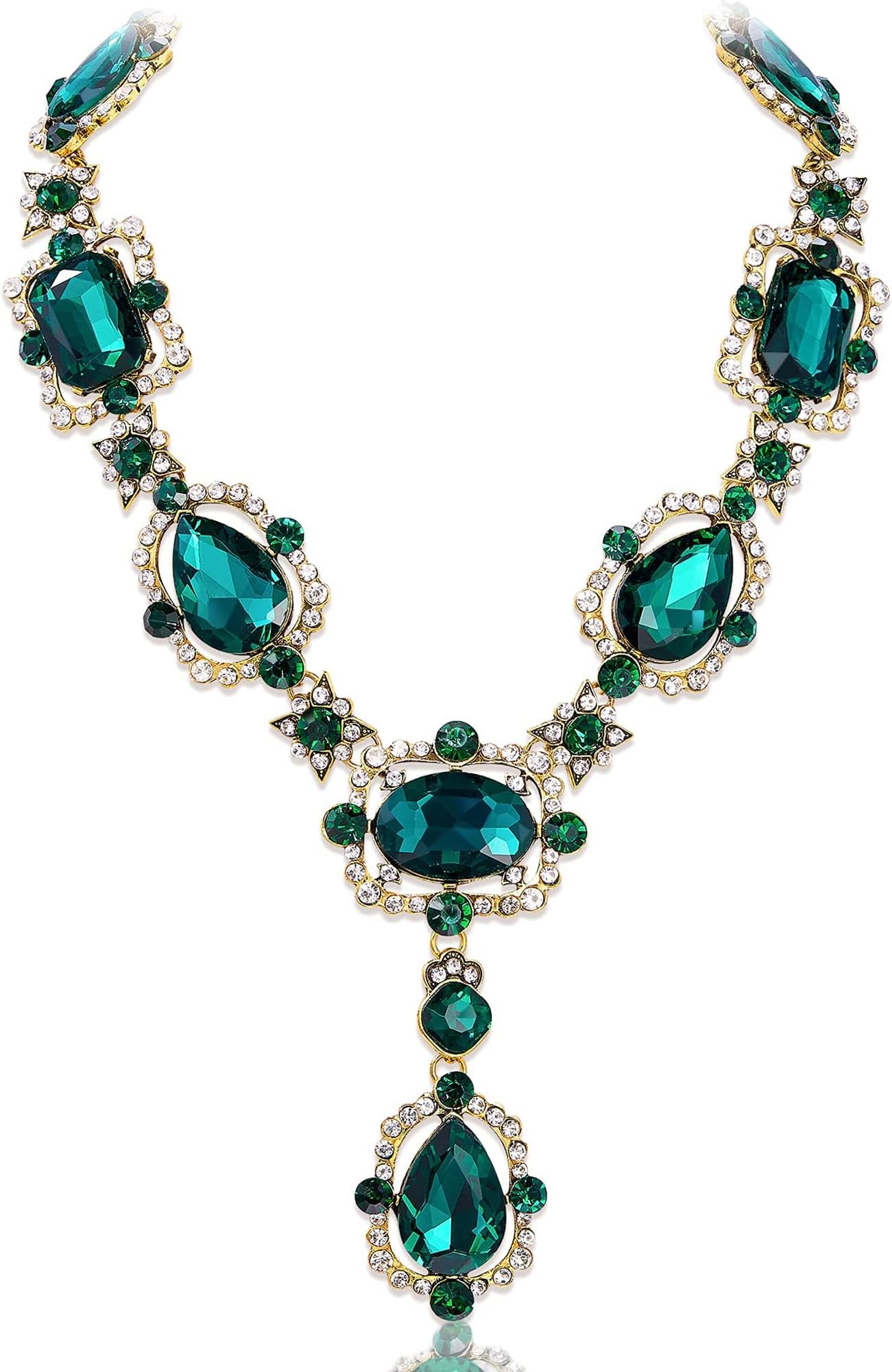 NABROJ Rhinestone Emerald Green Crystal Long Necklace Costume Wedding Renaissance Jewelry for Women, Gold Large Bib Necklace Chunky Necklaces for Women Trendy