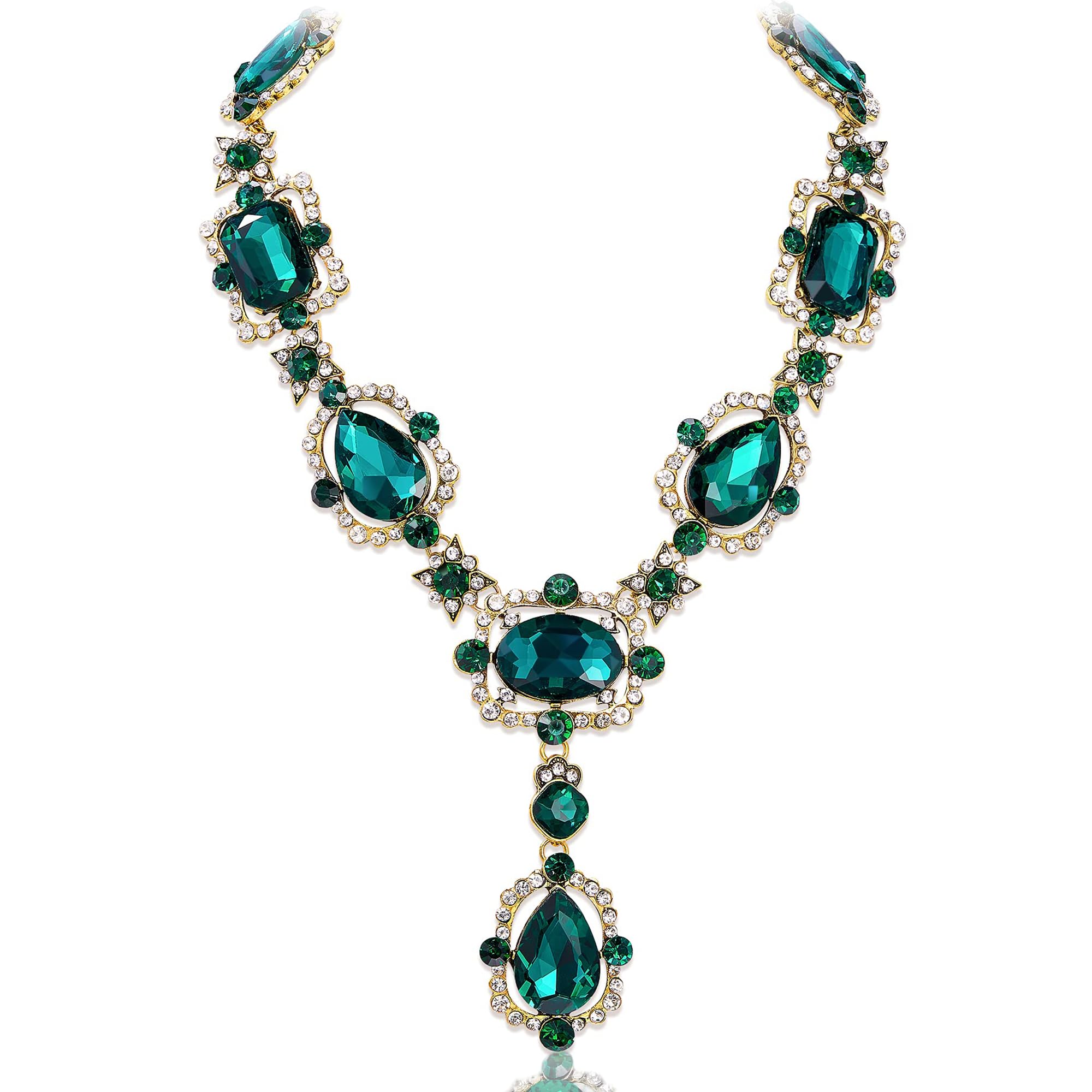 Green Crystal Statement Long Necklace Chunky Necklaces Halloween Costume Jewelry for Women, Emerald Rhinestone Gold Bib Christmas Wedding Gifts-NC37 Green
