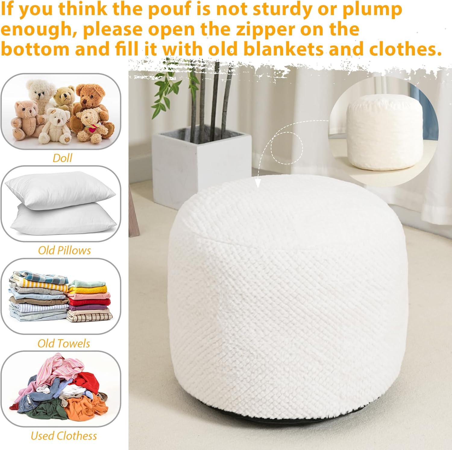 Round Stuffed Pouf Ottoman for Foot Rest, Faux Fur Poufs with Foam Chunk Filling, Storage Ottoman Pouf Foot Stool Cushion, 20 X 15 Inch Floor Chair for Living Room Bedroom Home Decor, White