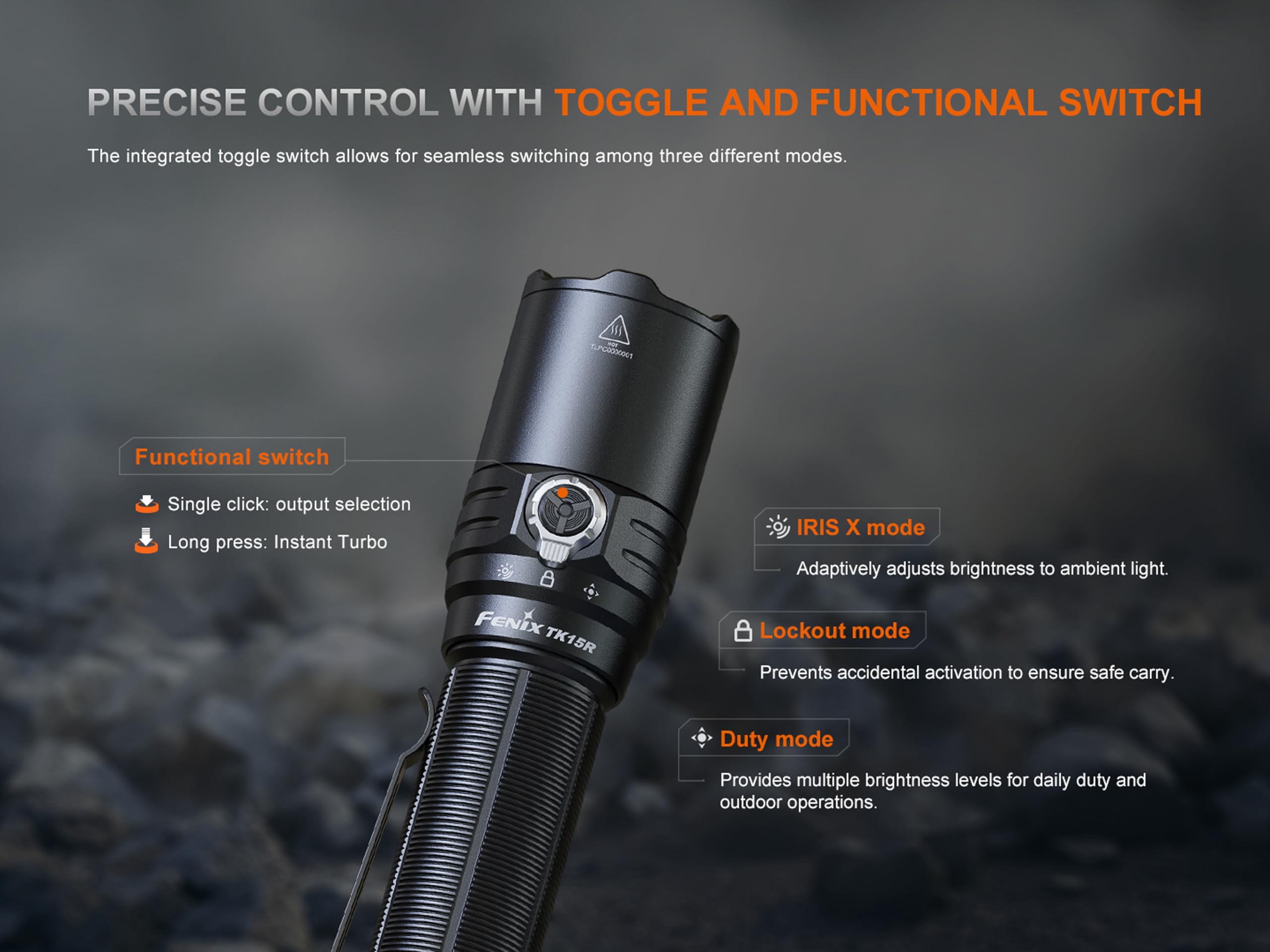 Fenix TK15R - Torcia ricaricabile di sicurezza/esterna con controllo della luce adattivo Iris-X, 3200 lumen, 490 m, 68 ore massime, controllo della luce con regolazione automatica, selettore funzione