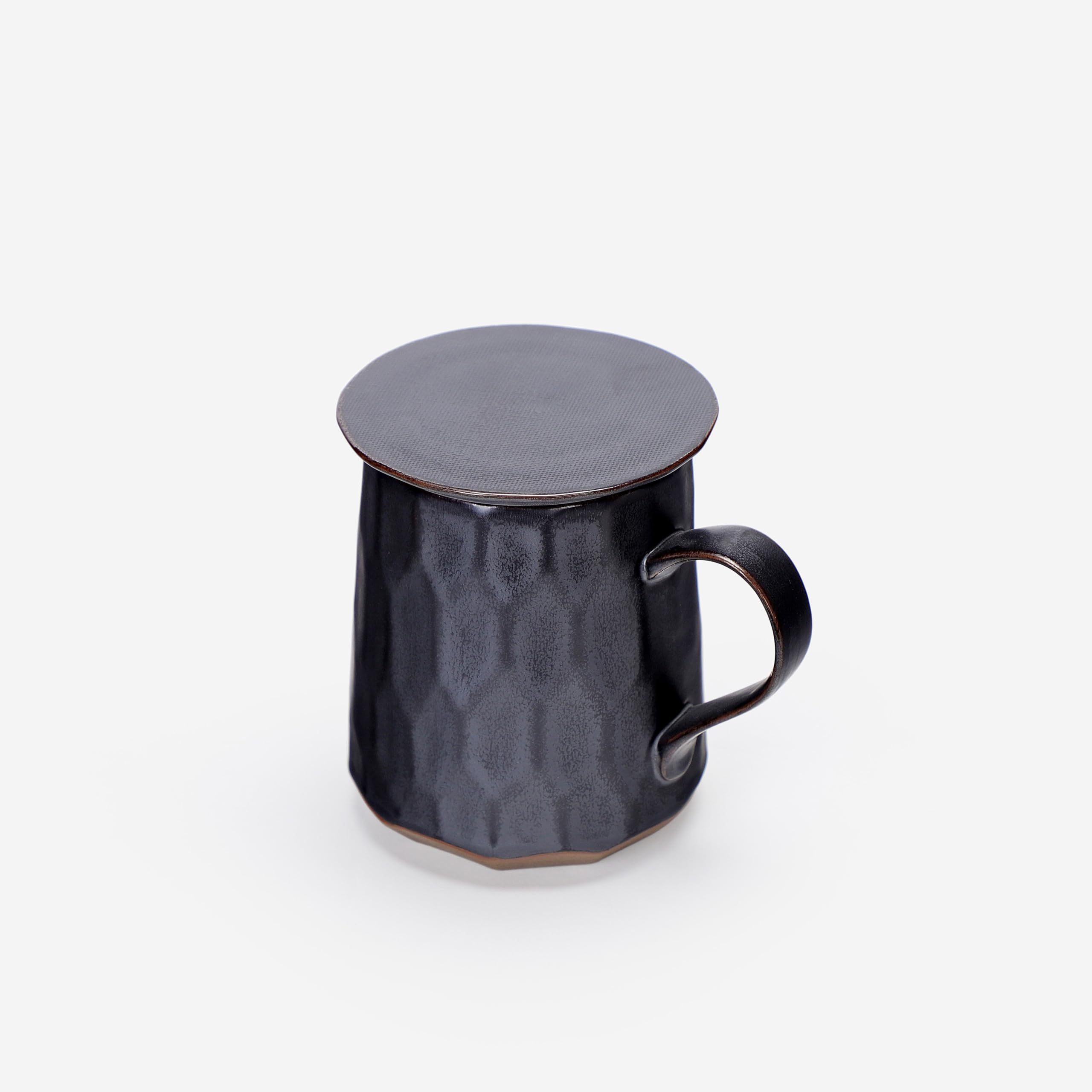 Tasse à thé en poterie avec infuseur et couvercle, tasse à infusion en grès avec filtre à panier, tasse à thé en céramique avec filtre pour la maison et le bureau, aspect géométrique