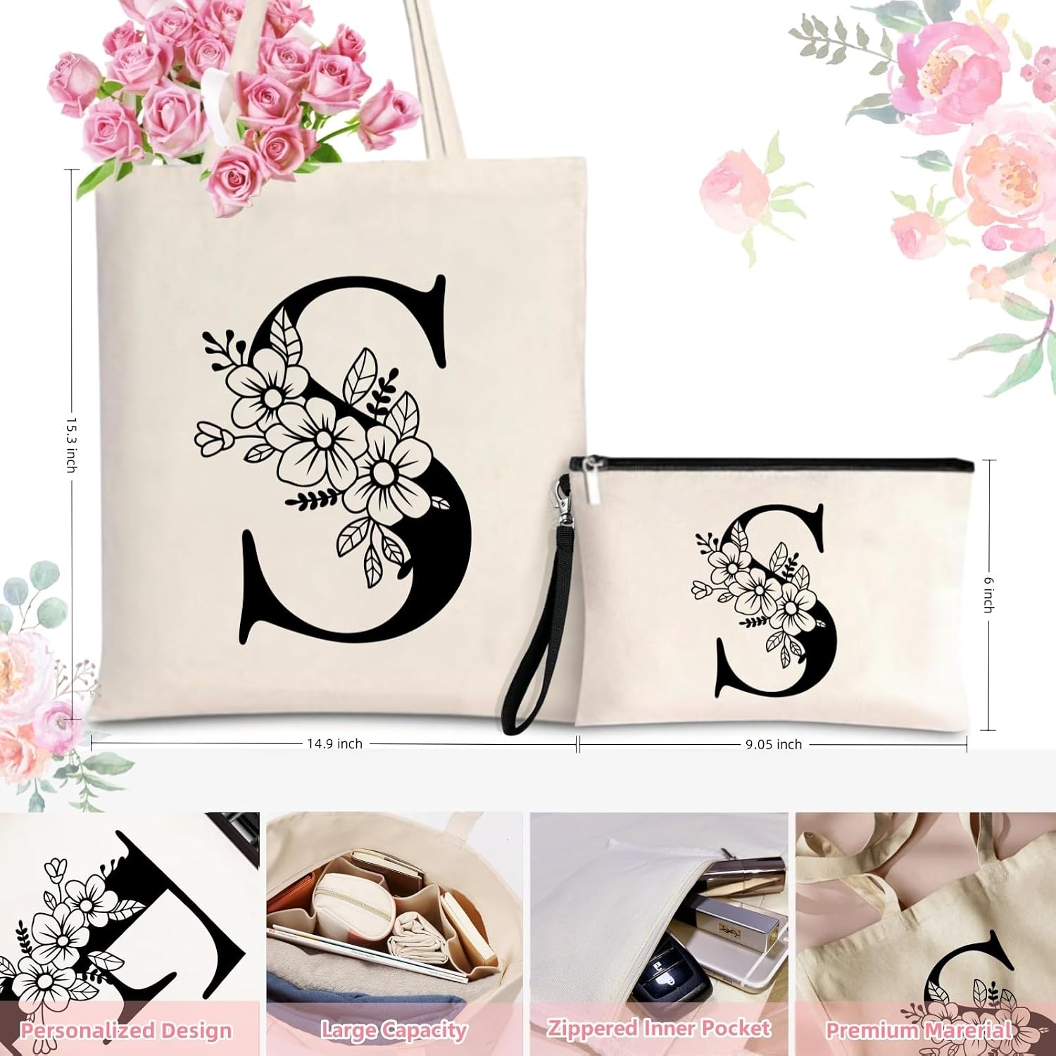 Personalized Initial Tote Bag for Women - Monogrammed Bags with Makeup Gift Bag for Wedding, Birthday, Teacher image 4
