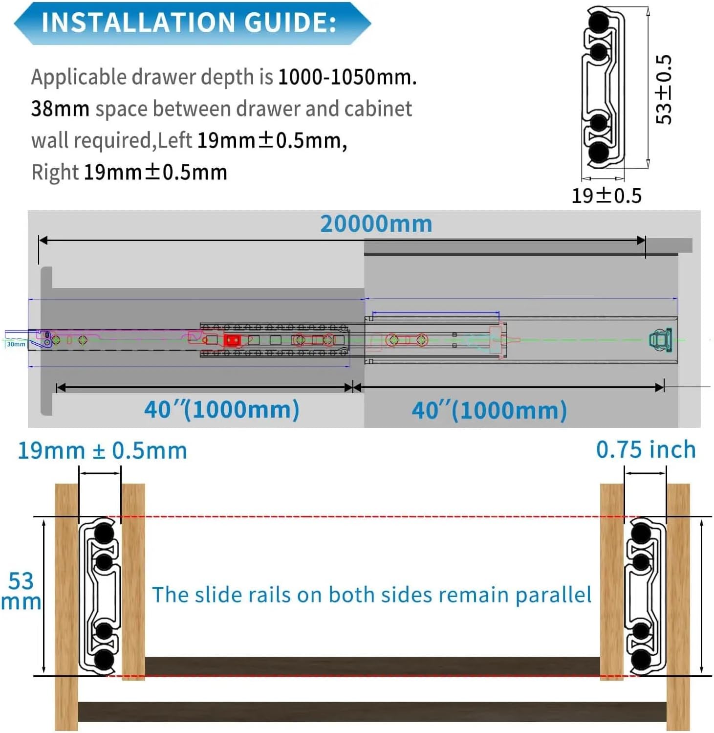 Drawer Rolling Bearing Slip Rail 53mm Heavy Duty Drawer Slide with Lock-in and Lock-Out 10-40in 3-Fold Guide Rail Full Extension Ball Bearing(36inch(900mm))