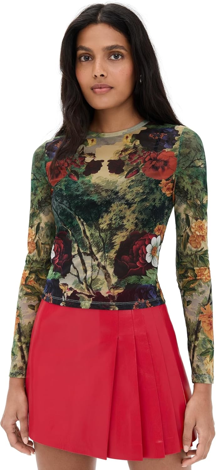 alice + olivia Women's Delaina Printed Mesh Crop Top