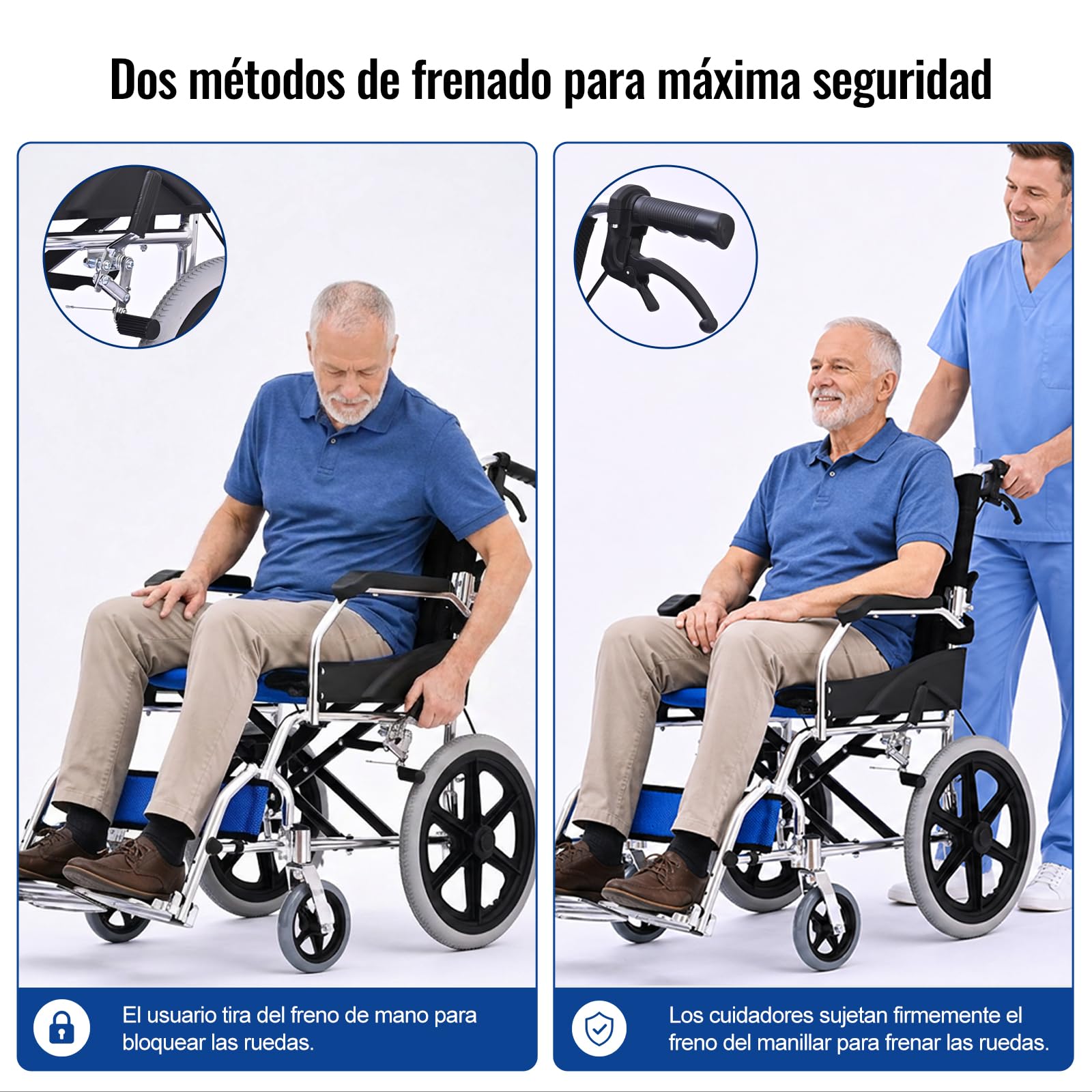 M3 Silla de Ruedas Plegable para Adulto, Ligera y Fácil de Transportar, Doble Sistema de Freno, Reposapiés Plegables, Soporta 100 kg, Ideal para Mayores y Usuarios con Movilidad Reducida