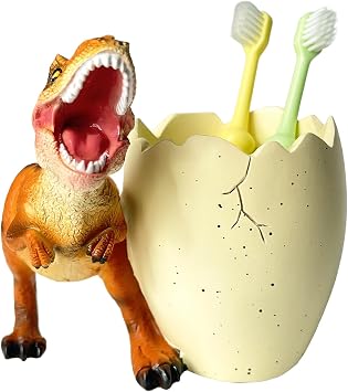 FlidRunest Dinosaur Toothbrush Holder Toothbrush Organizer for Bathroom - Sturdy Resin Tooth Brush Holder - Easy to Clean - Funny Dino Decor Gift for Birthday, Childrens Day, Christmas