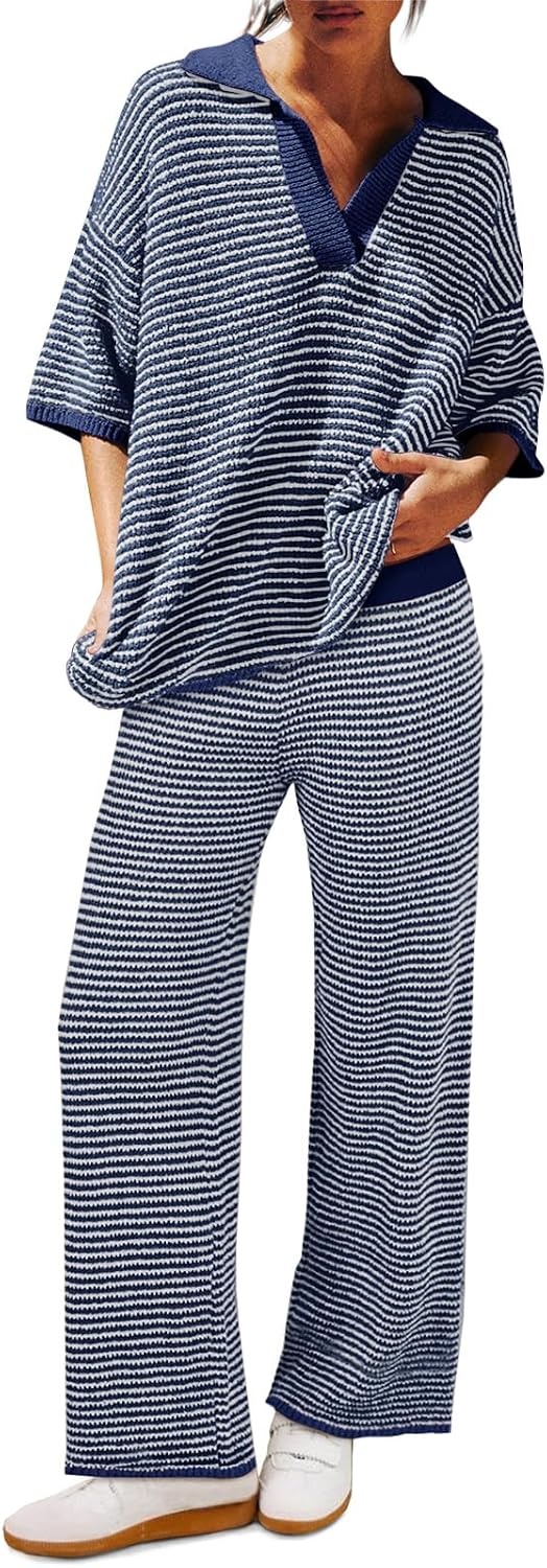 Tankaneo Womens Sweater Set Striped 2 Piece Outfits Oversized 3/4 Sleeve V Neck Knit Tops Wide Leg Pants Fall Lounge Sets