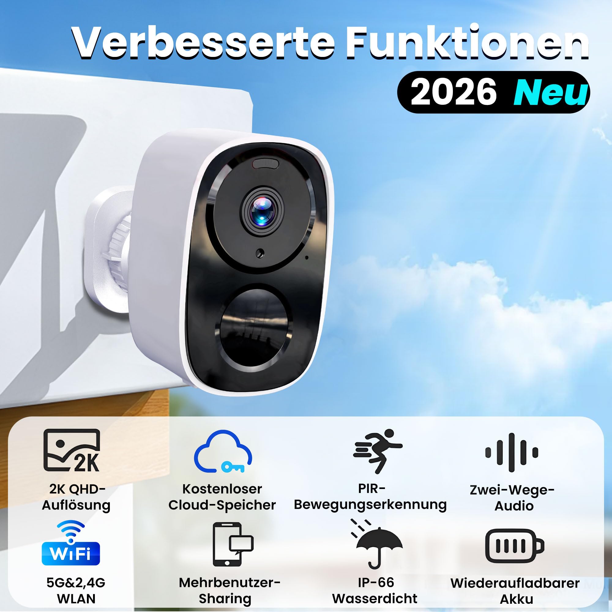 HITELLARCAM 2K Überwachungskamera Außen Akku, 2.4/5GHz Dual-Band WLAN Kamera Set mit Kostenlosem Cloud-Speicher, KI-Bewegungserkennung, Farb-Nachtsicht, 2-Wege-Audio, IP66 Wasserdicht für Haus &Garten
