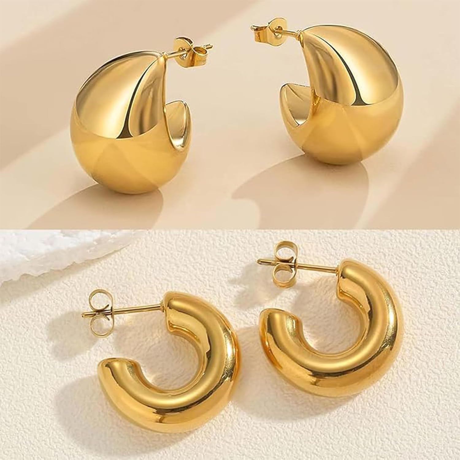 2 Pairs Non Tarnish Chunky Gold Hoops Earrings for Women Water Proof, Thick 18K Real Golds Plated Circle Open Hoop, Lightweight Hollow Earrings for Women Trendy, Gold Jewelry Valentine's Day Gift - Image 6