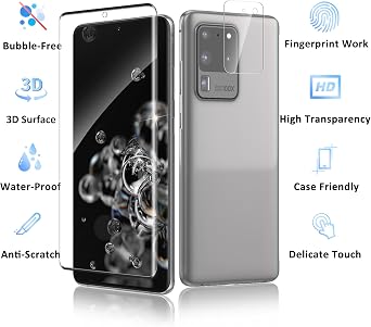 Samsung Galaxy S20 Ultra用スクリーンプロテクターとカメラプロテクター2+2枚パック 指紋ロック解除対応 ケースフレンドリー 気泡なし 硬度9Hクリアガラススクリーンプロテクター S20 Ultra用