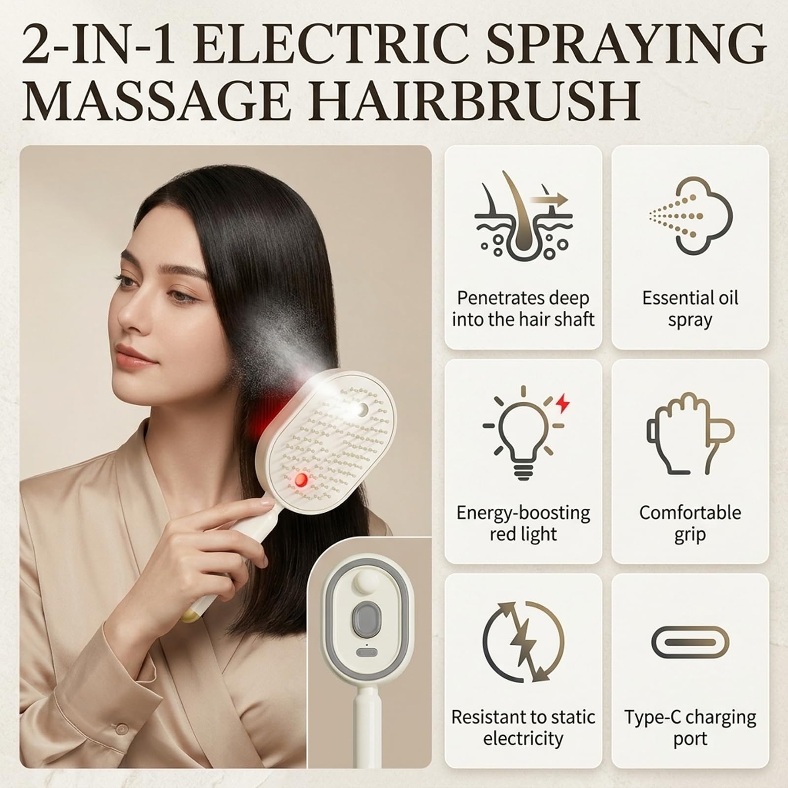 3 in 1 Elektrischer Sprüh-Luftkissen-Massagekamm,Kopfhaut Massagebürste, Kopfmassagegerät Elektrisch, Glatter Haarkamm Antistatisch,Entwirrungs Haarbürste mit Nachfüllbare ätherische Öle (Beige)