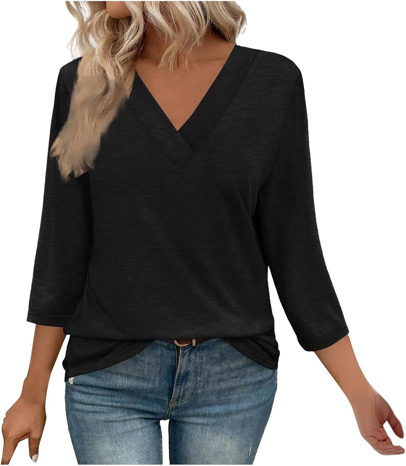 Women's 3/4 Sleeve Shirts Solid Color V Neck Summer Tops Casual Tunics Tops Basic Tees Blouse Loose Fit Clothes