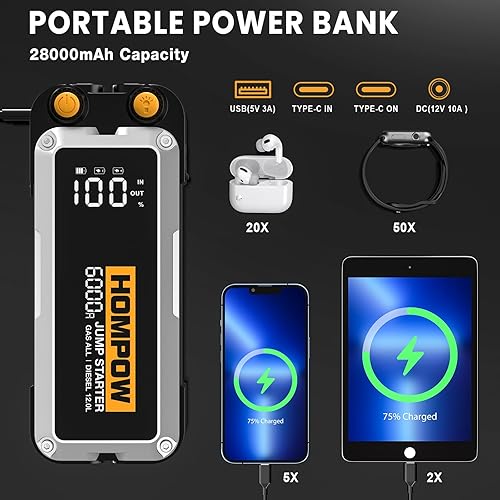 Miniatura 5 de Arrancador de coche de 6000 A, batería portátil para todo el motor diésel de gasolina y hasta 12 L, caja de salto de 12 V con pantalla LCD, puertos