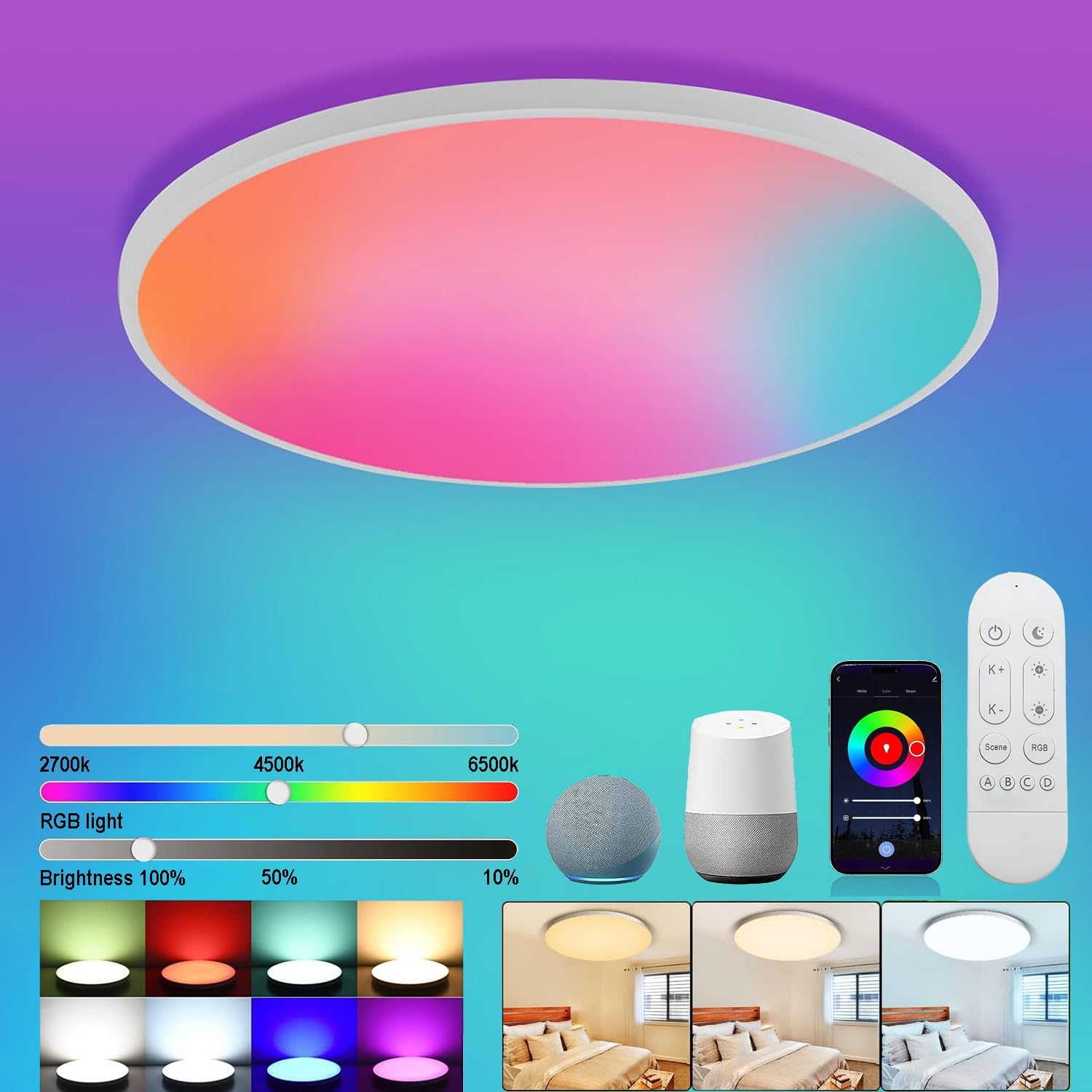 Redare Alexa Smart Ceiling Light,RGBIC Wifi Ceiling Lamp,30cm 24W Dimmable LED Color Changing Ceil Lamp Compatible with Alexa Google Home,Flush Mount Light Fixture for Bedroom,Kitchen (WiFi, White)