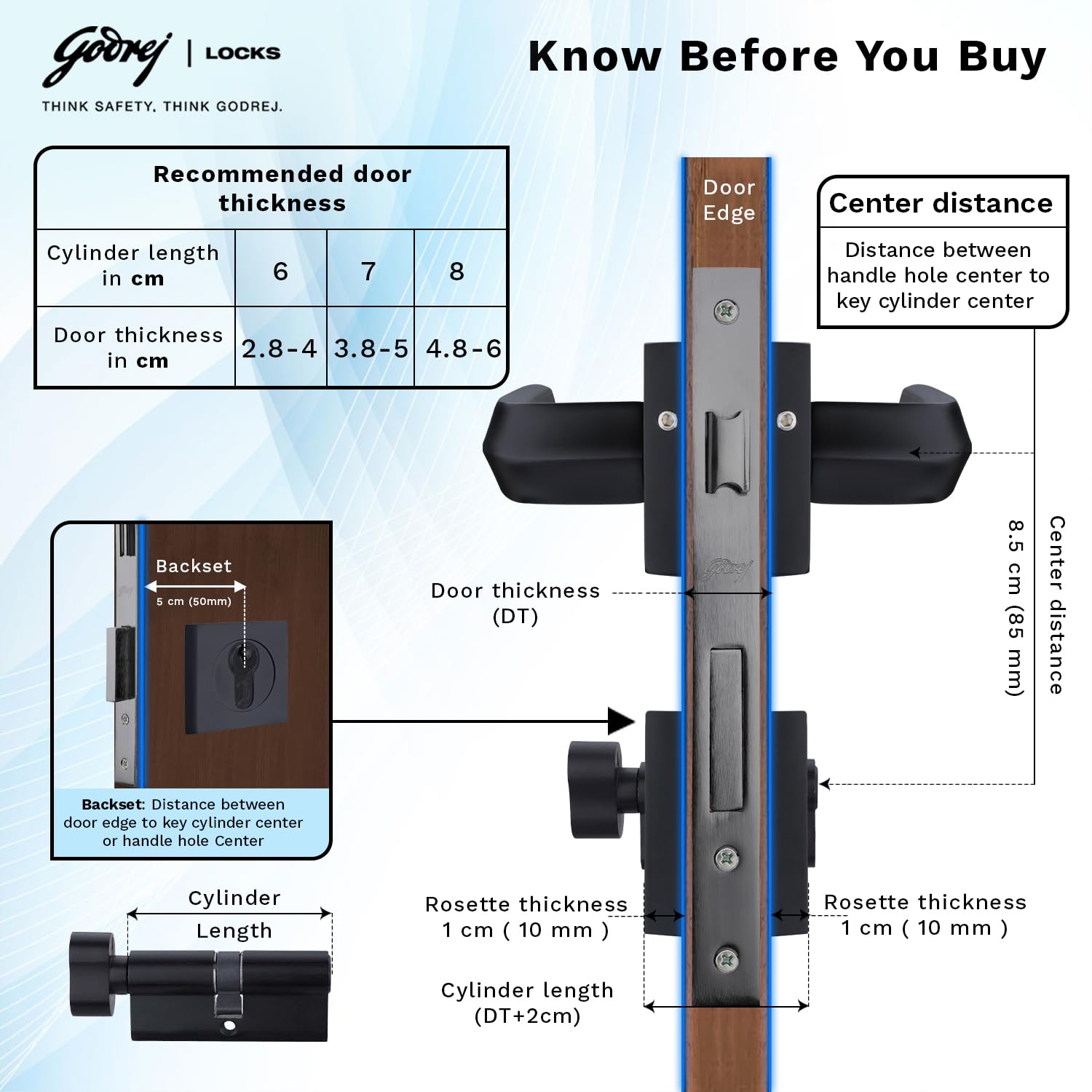 Godrej Mortise Lock | Handle Lock Set for Main & Internal Doors | NEH 20 Home Décor Handle | Matte Black Finish | 9 Inch Lockbody | 70mm 1CK Cylinder Knob from Inside Key Outside | 3 Keys 2