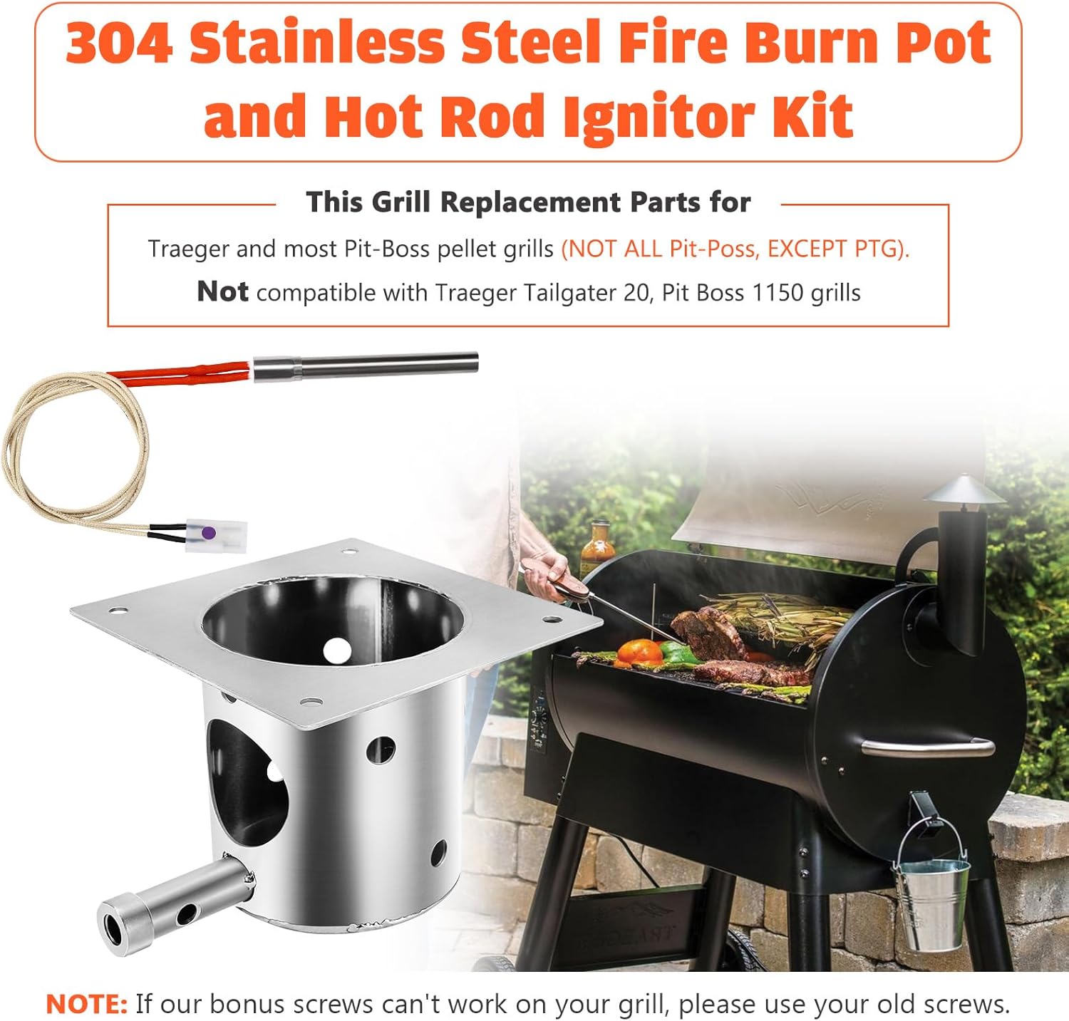 QuliMetal 304 Stainless Steel Fire Burn Pot & Hot Rod Ignitor Kit – Replacement Parts for Traeger & Pit Boss Wood Pellet Grill Smoker, Durable Fire Pot with Ash Remover, Screws and Fuse, Easy Install