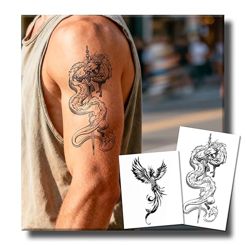 Semi Permanent Tattoos, 2 Sheets Realistic Large Coiled Dragon Sword