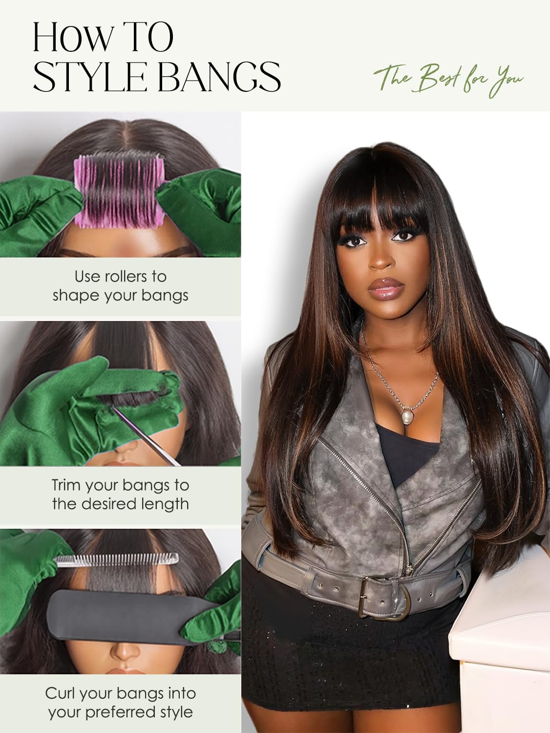 Quantum Love Highlight Long Straight Layered Wig with Bangs Mixed Brown Put on Go Wigs for Women Glueless Realistic Heat Resistant Synthetic Fiber (Highlight Brown)