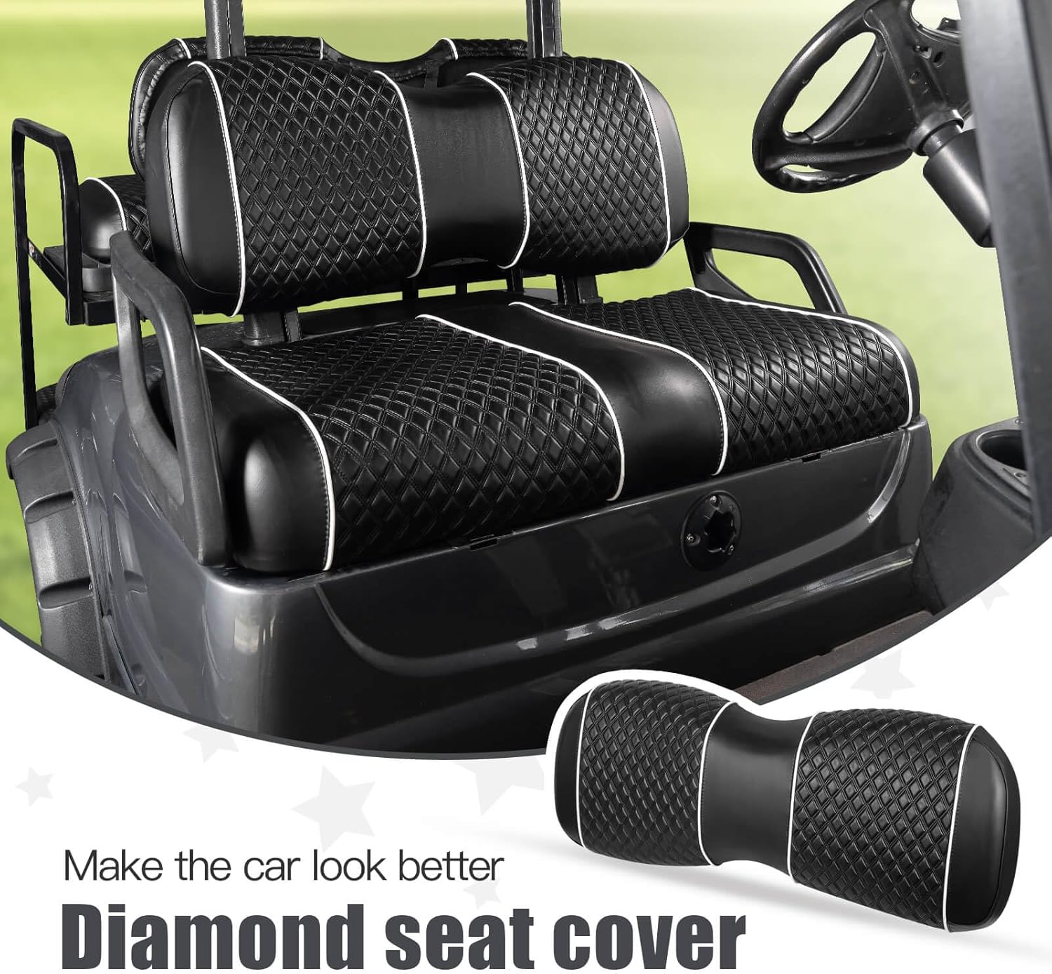 NOKINS Golf Cart Seat Covers Fit for Yamaha Drive/Drive2 OEM Standard Front Seat Cushion, Backrest Vinyl Leather Litte Diamond Seat Covers, No Stapler Required (Black&White Piping)