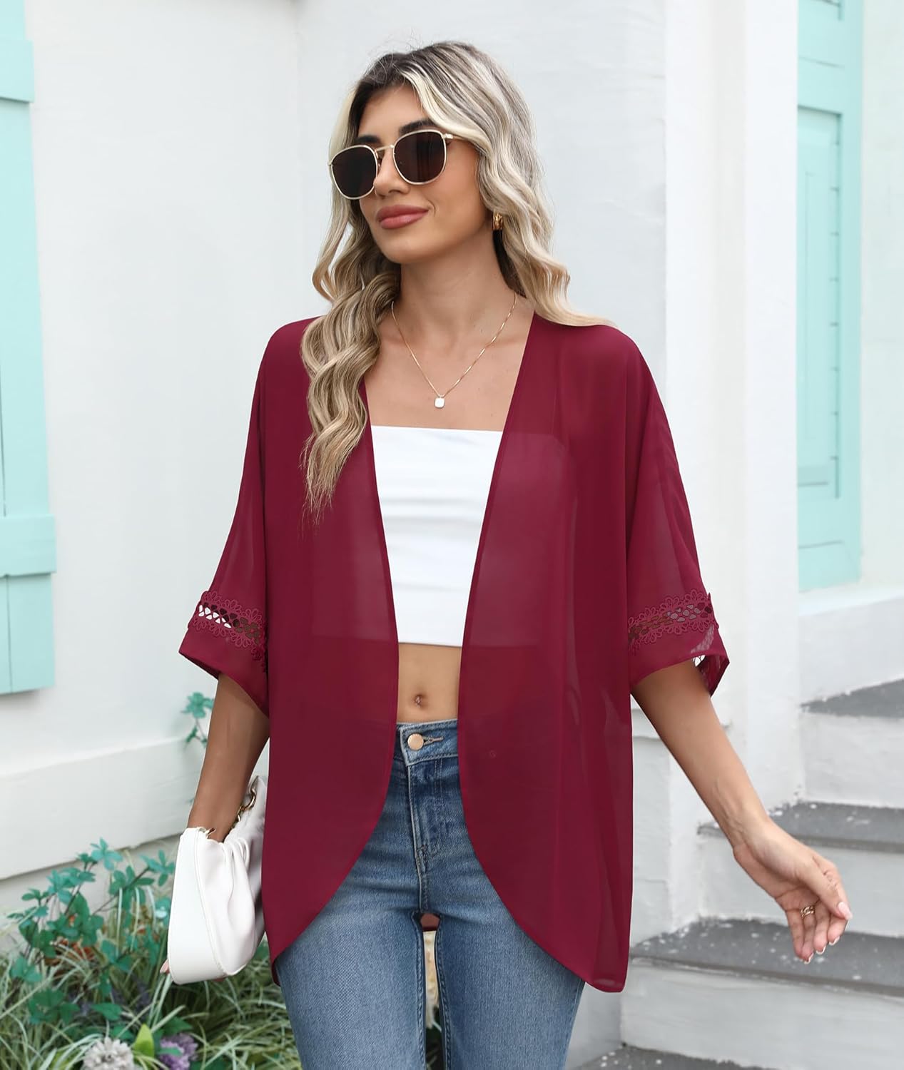 LILBETTER Women Lightweight Chiffon Kimono Cardigan Puff Sleeve with Lace Loose Beach Wear Cover Up Blouse Top - Image 3
