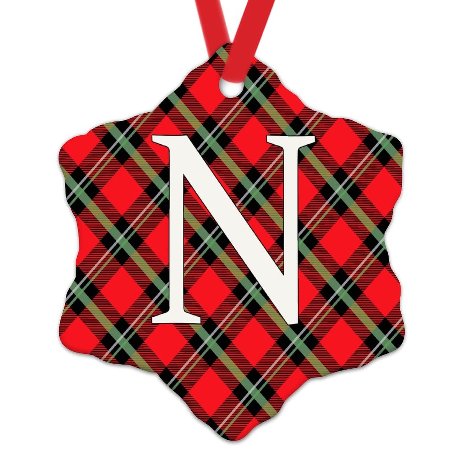 Adornos decorativos para colgar con monograma de letra inicial N de Navidad, cuadros rojos y verdes, suministros de fiesta de Navidad, adorno de cerámica de Navidad