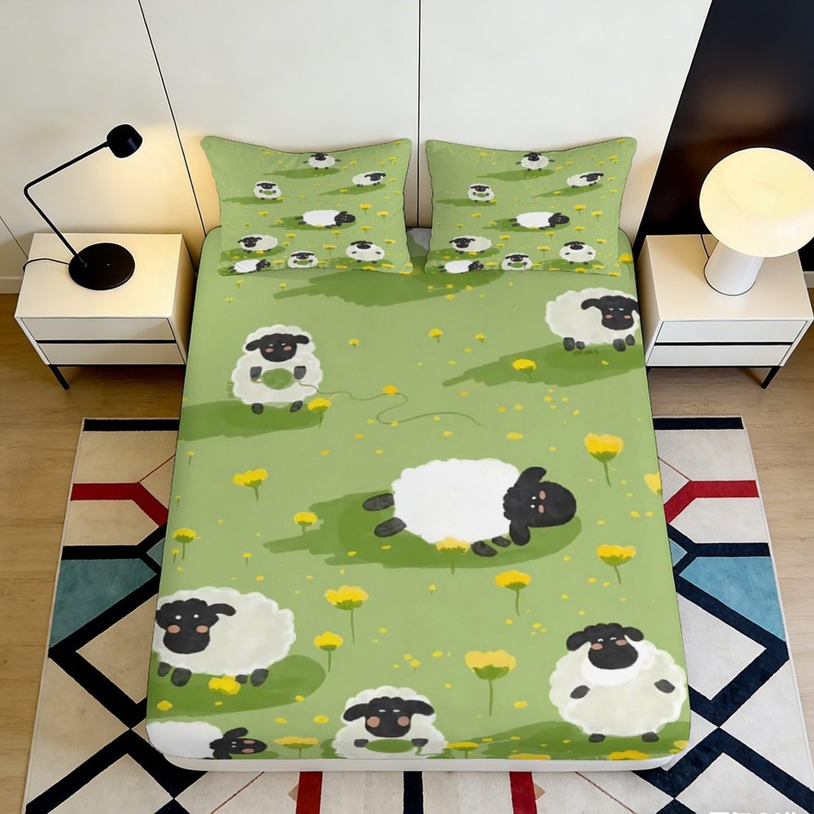 3D Printed Cartoon Sheep Fitted Sheet Microfiber Soft Green Pasture Mattress Cover for Bedroom Guest Room Dorm Decor 90x200x25cm