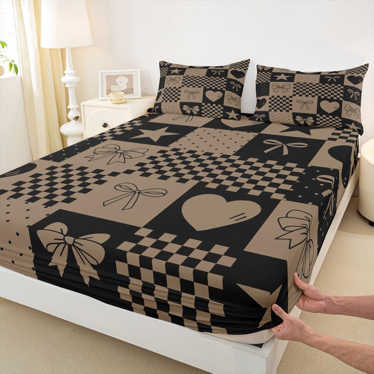 Erosebridal Retro Brown Black Heart Bow Sheet Set Patchwork Checkerboard Twin Sheets Set for Toddler Boys,Minimalist Plaid Mid-Century Fitted Sheet